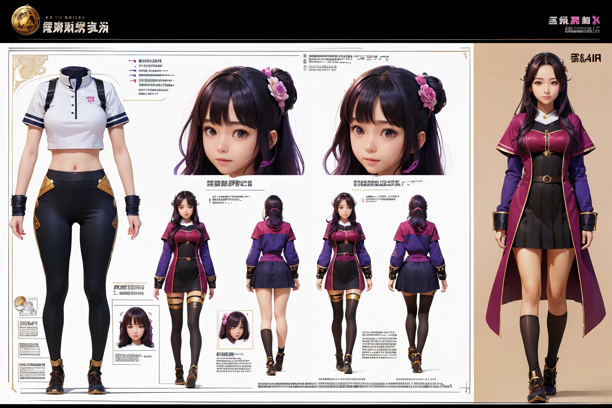 (highest quality、4k、8k、High resolution、masterpiece: 1.2)、Super detailed、real、photorealistic、(((female character design sheet)))、An illustration、(((character design sheet, Detailed character description)))、Full body three-view diagram and detailed explanation of clothing:1.2, creative design、high school girl design、Unique and cute design、impressive anatomy、Expressing the charm of girls、shining eyes、shiny hair、Bright colors、Perfectly balanced composition。
