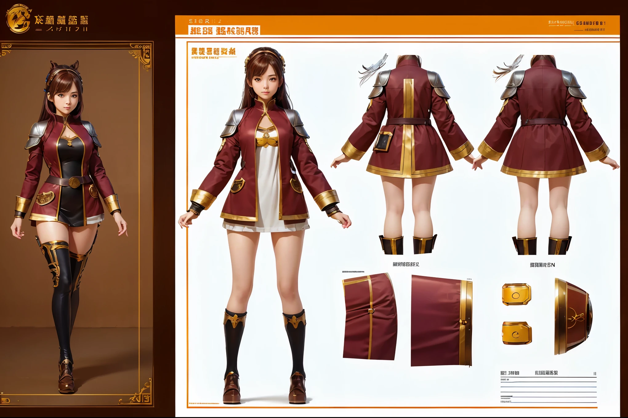 (highest quality、4k、8k、High resolution、masterpiece: 1.2)、Super detailed、real、photorealistic、(((female character design sheet)))、An illustration、(((character design sheet, Detailed character description)))、Full body three-view diagram and detailed explanation of clothing:1.2, creative design、high school girl design、Unique and cute design、impressive anatomy、Expressing the charm of girls、shining eyes、shiny hair、Bright colors、Perfectly balanced composition。