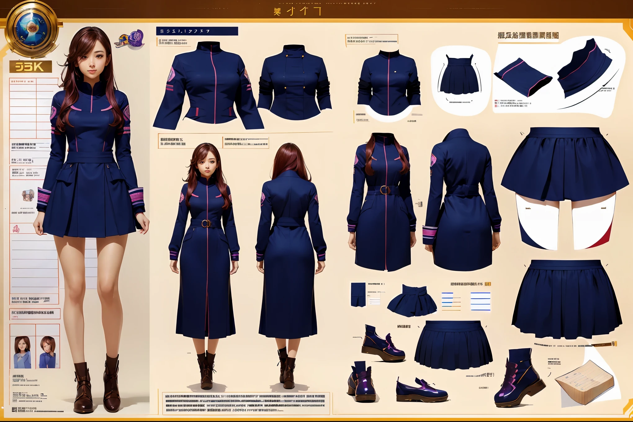 (highest quality、4k、8k、High resolution、masterpiece: 1.2)、Super detailed、real、photorealistic、(((female character design sheet)))、An illustration、(((character design sheet, Detailed character description)))、Full body three-view diagram and detailed explanation of clothing:1.2, creative design、high school girl design、Unique and cute design、impressive 、Expressing the charm of girls、shining eyes、shiny hair、Bright colors、Perfectly balanced composition。