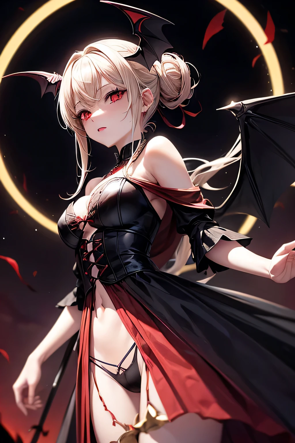 pubic hair、red eyes、bat wings、darkness、暗darkness、Blood、Beautiful female magician、blonde updo、((whole body))、(((photo taken from below)))、magic circle