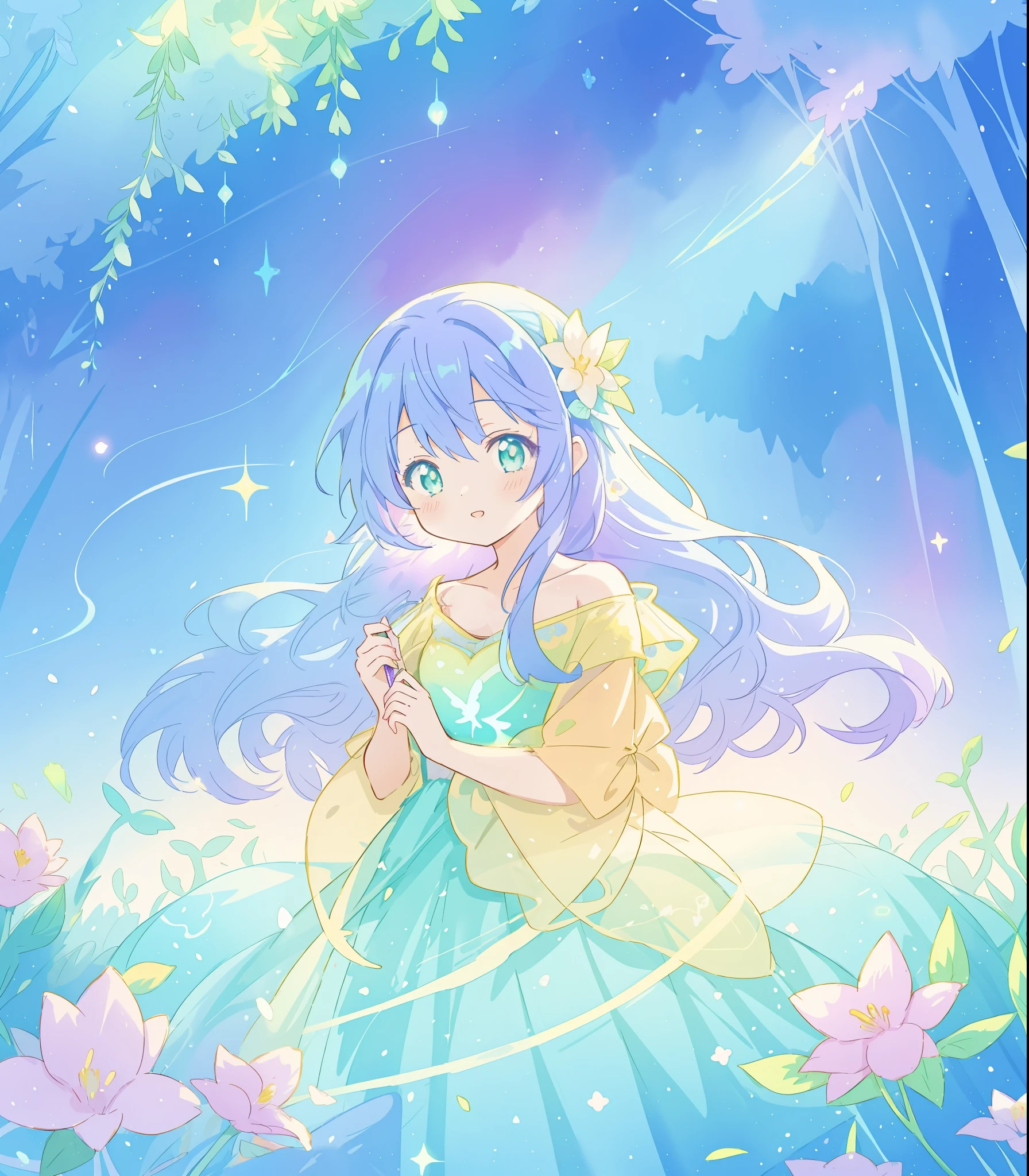 beautiful girl in yellow mint gradient layered fantasy dress, long flowing blue purple hair, colorful fantasia background, watercolor illustration, disney art style, glowing aura around her, glowing lights, beautiful digital illustration, fantasia otherworldly landscape plants flowers, beautiful, masterpiece, best quality, anime disney style