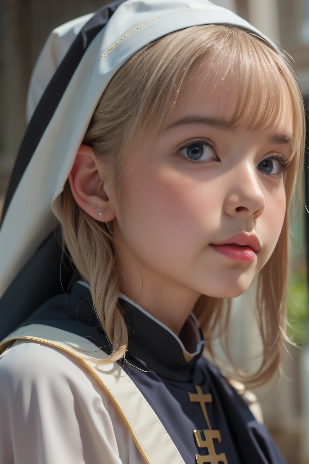 Ultra High Resolution, (Realistic: 1.4), RAW Photo, Best Quality, (Photorealistic), Focus, Soft Light, ((15 years old)), (Front, Young Face))), (Depth of Field), (One Piece), Masterpiece, (Photoreal), Woman, Bangs, ((shortcuts hair, nun, priest, 1 Girl))