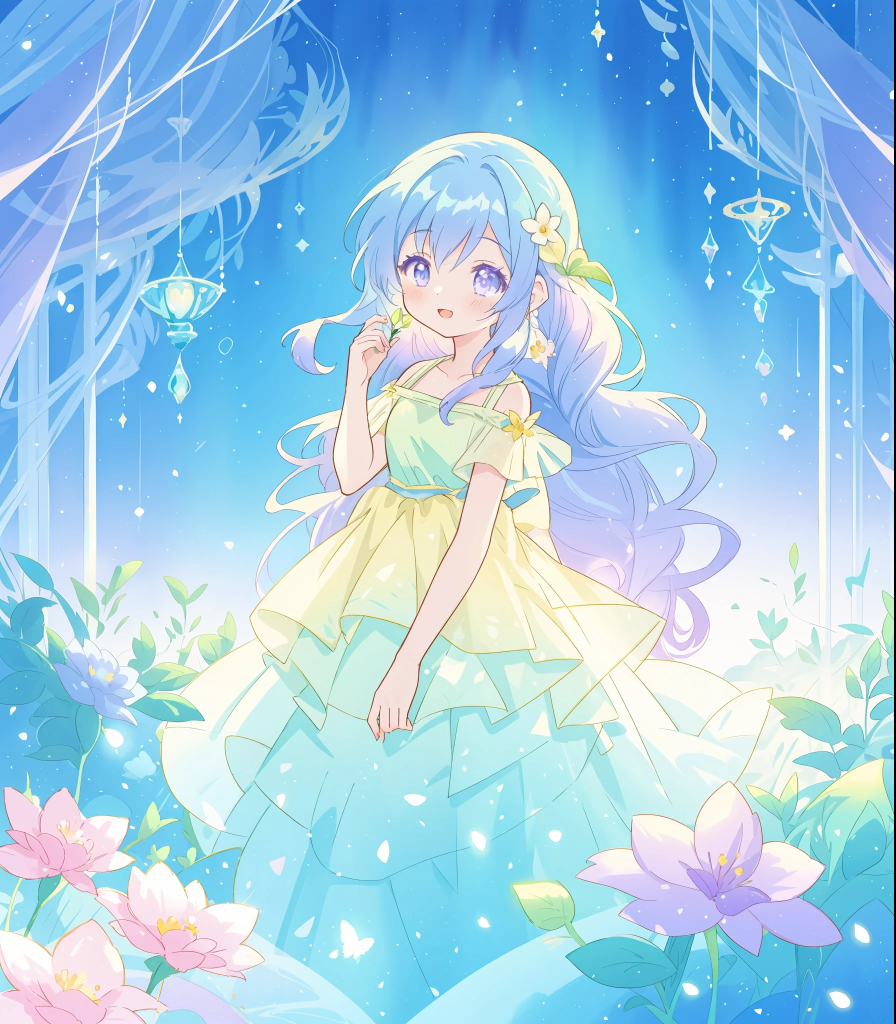 beautiful girl in yellow mint gradient layered fantasy dress, long flowing blue purple hair, colorful fantasia background, watercolor illustration, disney art style, glowing aura around her, glowing lights, beautiful digital illustration, fantasia otherworldly landscape plants flowers, beautiful, masterpiece, best quality, anime disney style