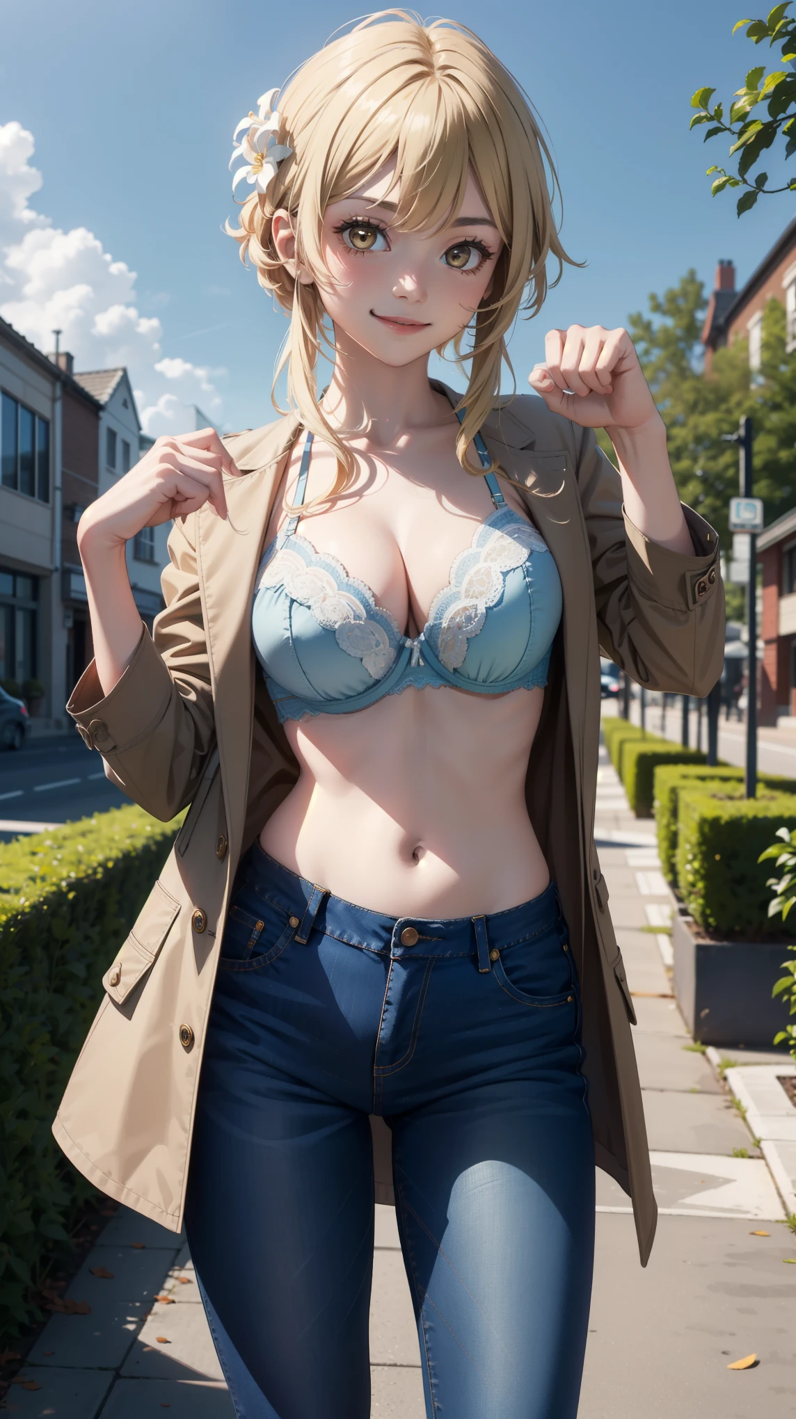 Masterpiece, high quality, 8k, ultra detail, 1 girl, ((luminernd)) standing,outdoors, (large breast), (jeans), (coat),navel, (bra), ((paw poses)), smile,