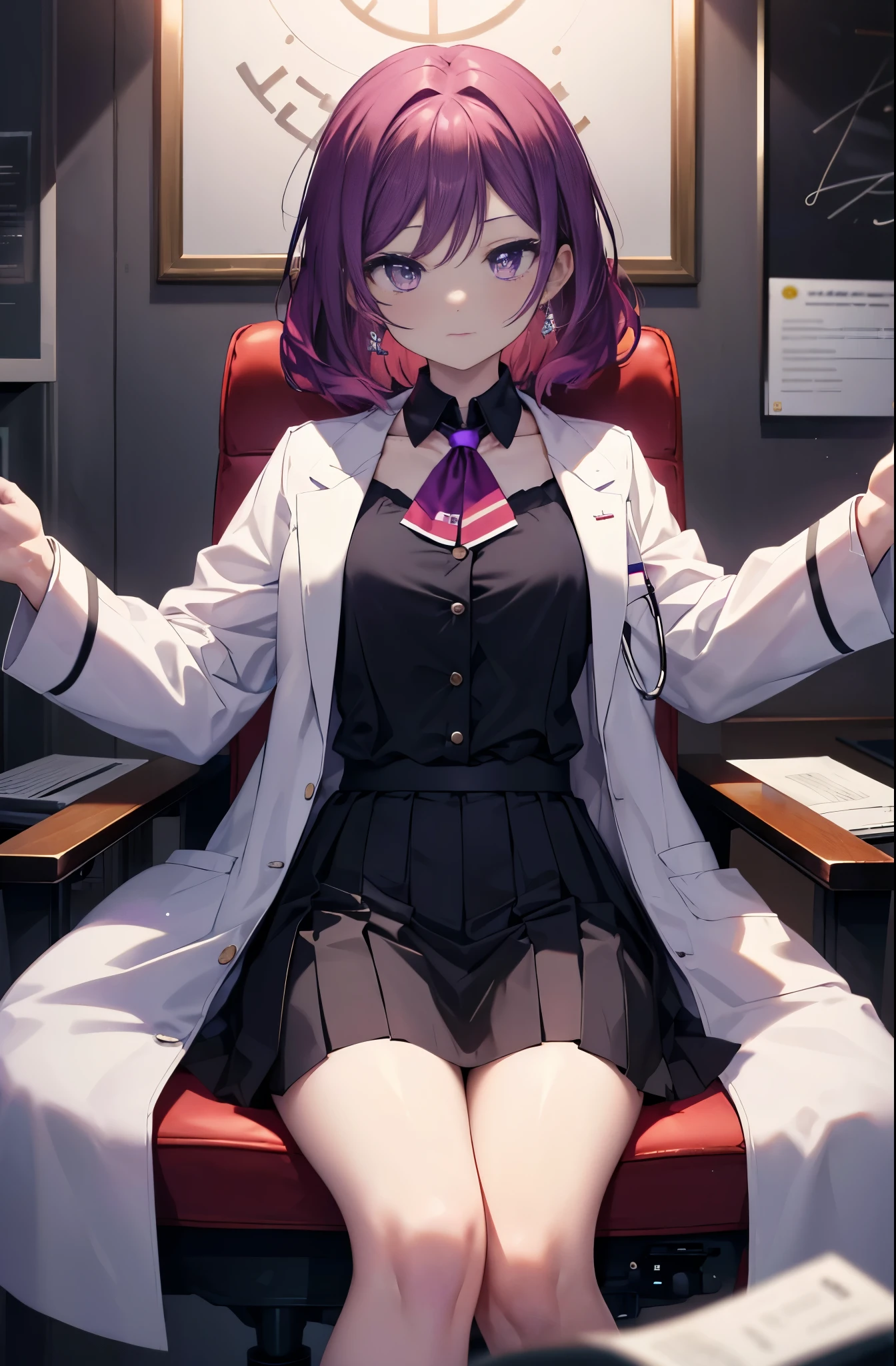 Maki Nishikino, Maki nishikino, semi-long, Red hair, (purple、eye:1.5) (medium chest:1.2),(Photorealistic beautiful doctor sitting on chair with legs crossed)、amazingly beautiful、((doctor&#39;s white coat)), collared shirt、doctor style)), ,(( silk blouse、black tight skirt、 black pantyhose))、白を基調としたExamination room,
break looking at viewer,
break indoors, Examination room, 
break (masterpiece:1.2), highest quality, High resolution, unity 8k wallpaper, (figure:0.8), (緻密で美しいeye:1.6), highly detailed face, perfect lighting, Very detailed CG, (perfect hands, perfect anatomy),