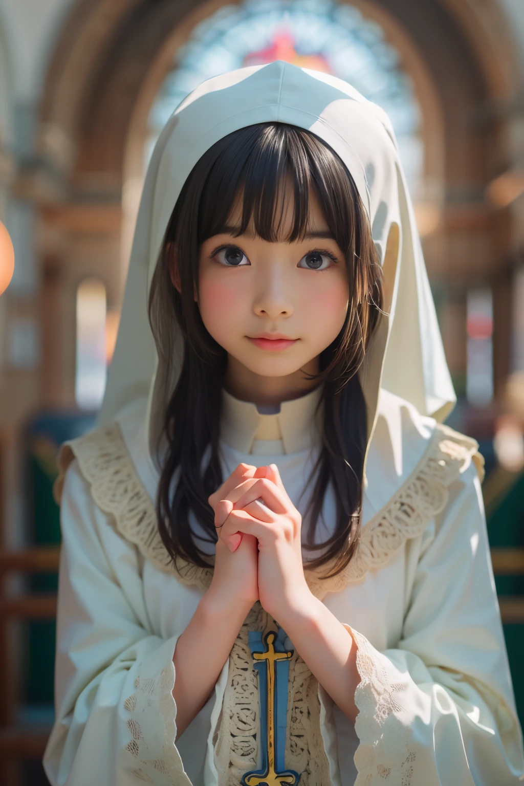 Ultra High Resolution, (Realistic: 1.4), RAW Photo, Best Quality, (Photorealistic), Focus, Soft Light, (()), (Front, Young Face))), (Depth of Field), (One Piece), Masterpiece, (Photoreal), Woman, Bangs, ((shortcuts hair, nun, priest, 1 Girl))