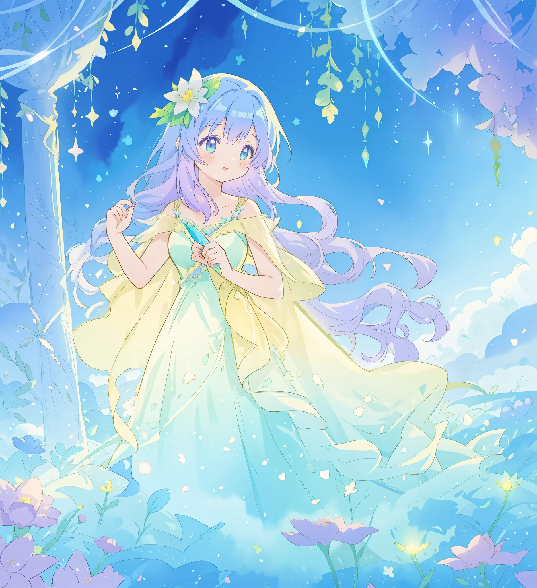 beautiful girl in yellow mint gradient layered fantasy dress, long flowing blue purple hair, colorful fantasia background, watercolor illustration, disney art style, glowing aura around her, glowing lights, beautiful digital illustration, fantasia otherworldly landscape plants flowers, beautiful, masterpiece, best quality, anime disney style