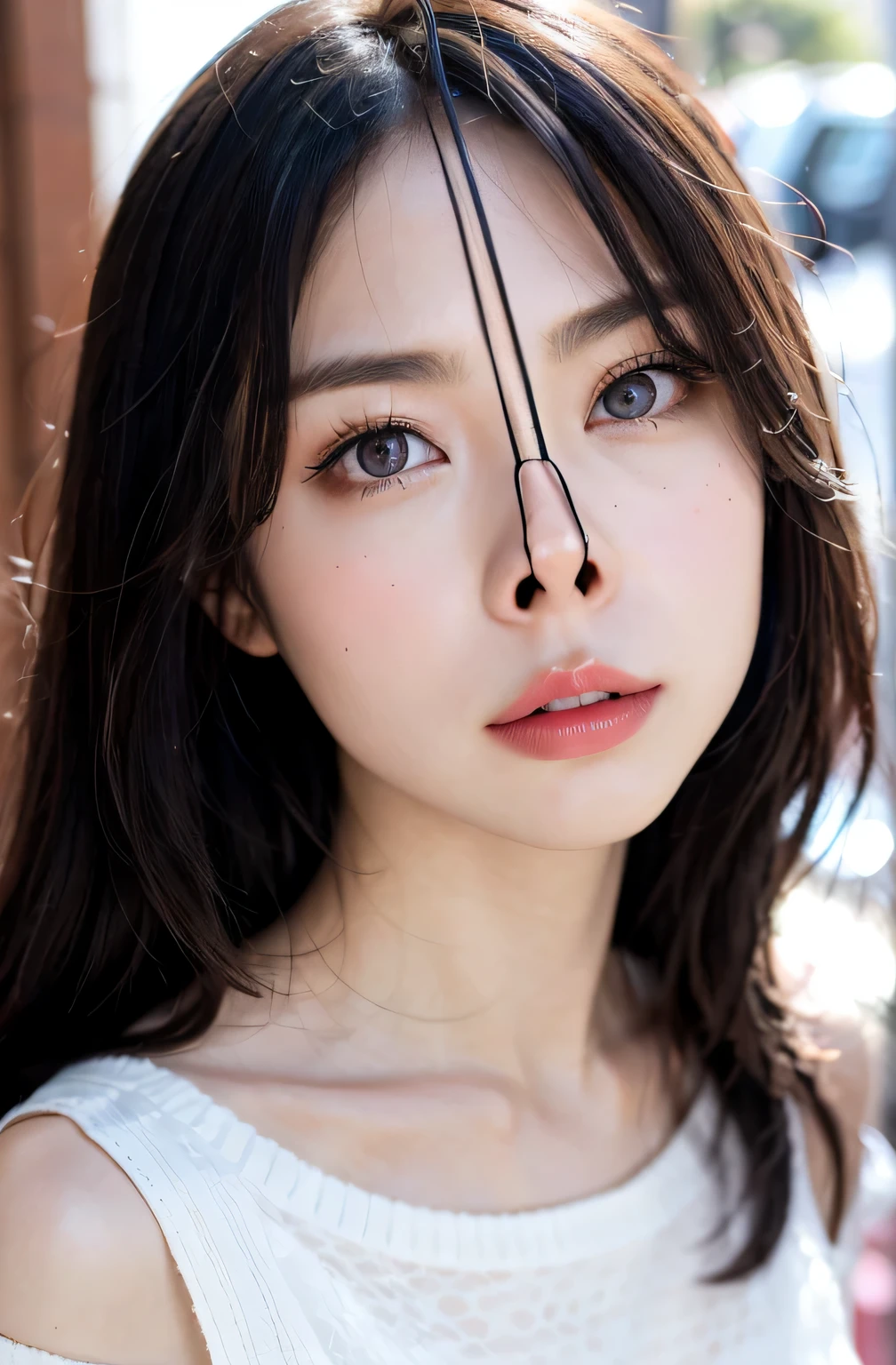 Fashion trendy beautiful and attractive woman, ,(Highest quality realistic textured skins:1.4), fine eyes, detailed face, high quality eyes, focus the eyes clearly, nose and mouth,face focus, Super close up of face gentle and charming Chinese beautiful woman, delicate and sexy clavicle, attractive oval face, double eyelid, Smart peach blossom eyes, pink lips, small nose, bare shoulders, focus on the face, close up of face, ultra high resolution, Super detailed, full body photo, Ultra thin and transparent, The white off-shoulder shirt and light blue slit skirt go great together., fresh and good, And see through,cinematic lighting,rim light,