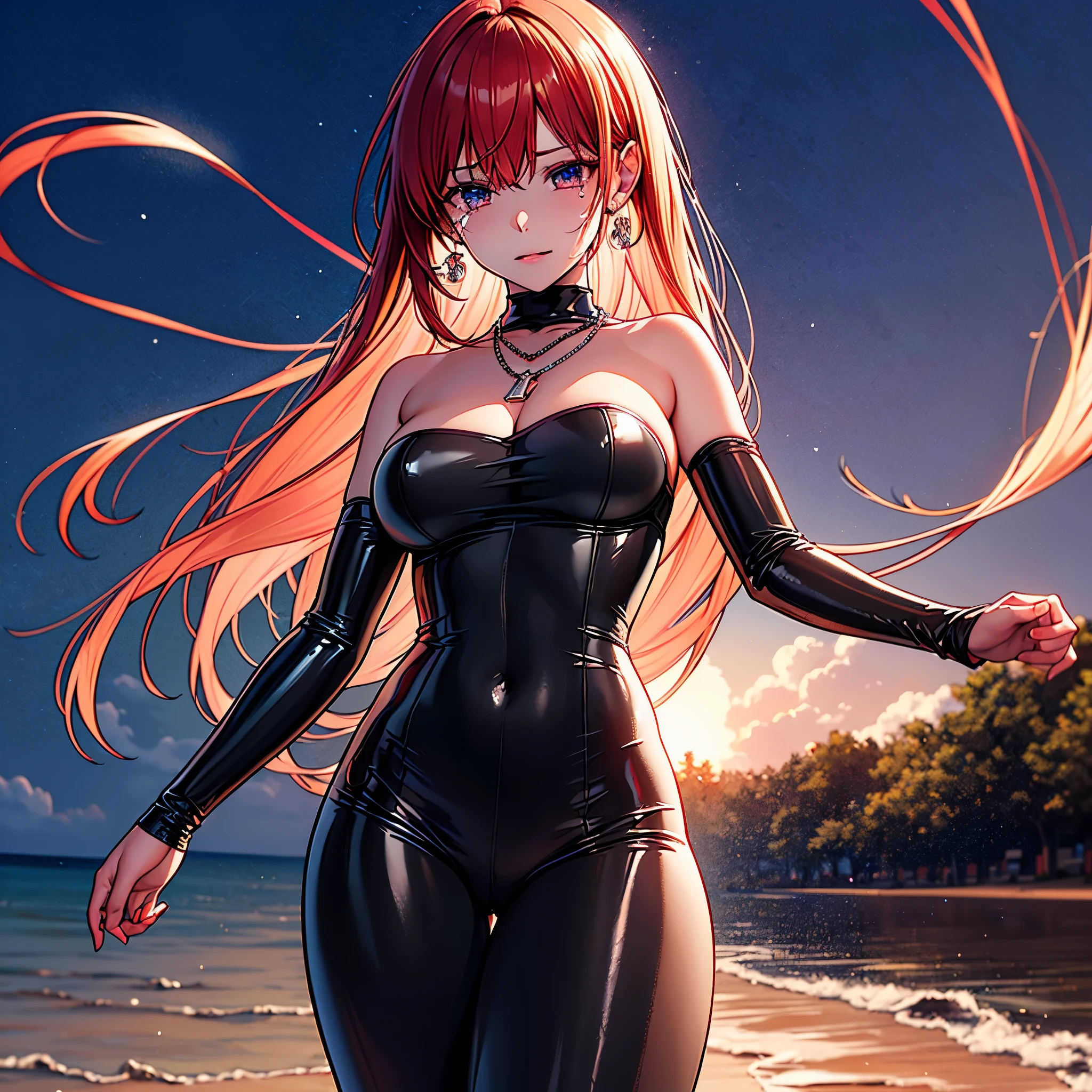 Tears, red hair, afro tanmed (black skin: 1.6), delicate hairstyle, colorful inner hair, multicolored hair, gradient hair, a woman standing on the beach, big breasts, open chest, long eyelashes, lip gloss, shirt, necklace, earrings, superlative, transparent dressing gown, ultra high-details, ultra high resolution, 32K ultra high-quality, ulra high-definition, (latex skin: 1.4), (darkskin: 1.15), (tmasterpiece: 1.2, best quality), ultra high-detail, varied multi etc. --v 6 --s 1000 --c 20 --q5 --chaos 100