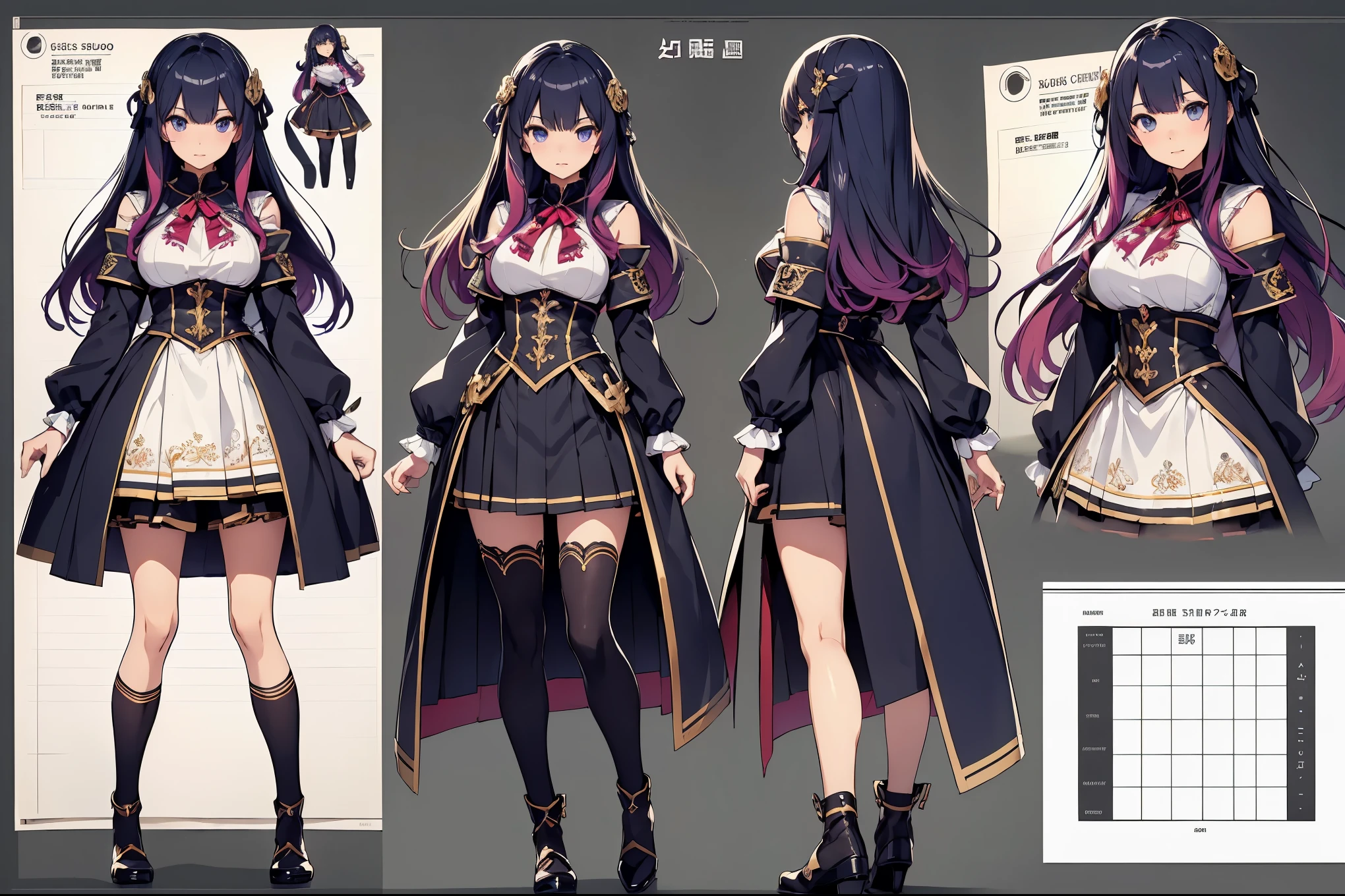 ((masterpiece)),(((best quality))),(((highly detailed))), (Character design sheet, same character, same outfit, ""main front view, side view, back view ""), illustration, 1 girl in, long black hair, golden eyes, genshin impact style, purple magical girl style witch clothing, full body, hat, corset, short dress, high stockings, leather boots and gloves, digital background, casting shadow. exceptional details in eyes, face, hair, clothes, hands and legs.