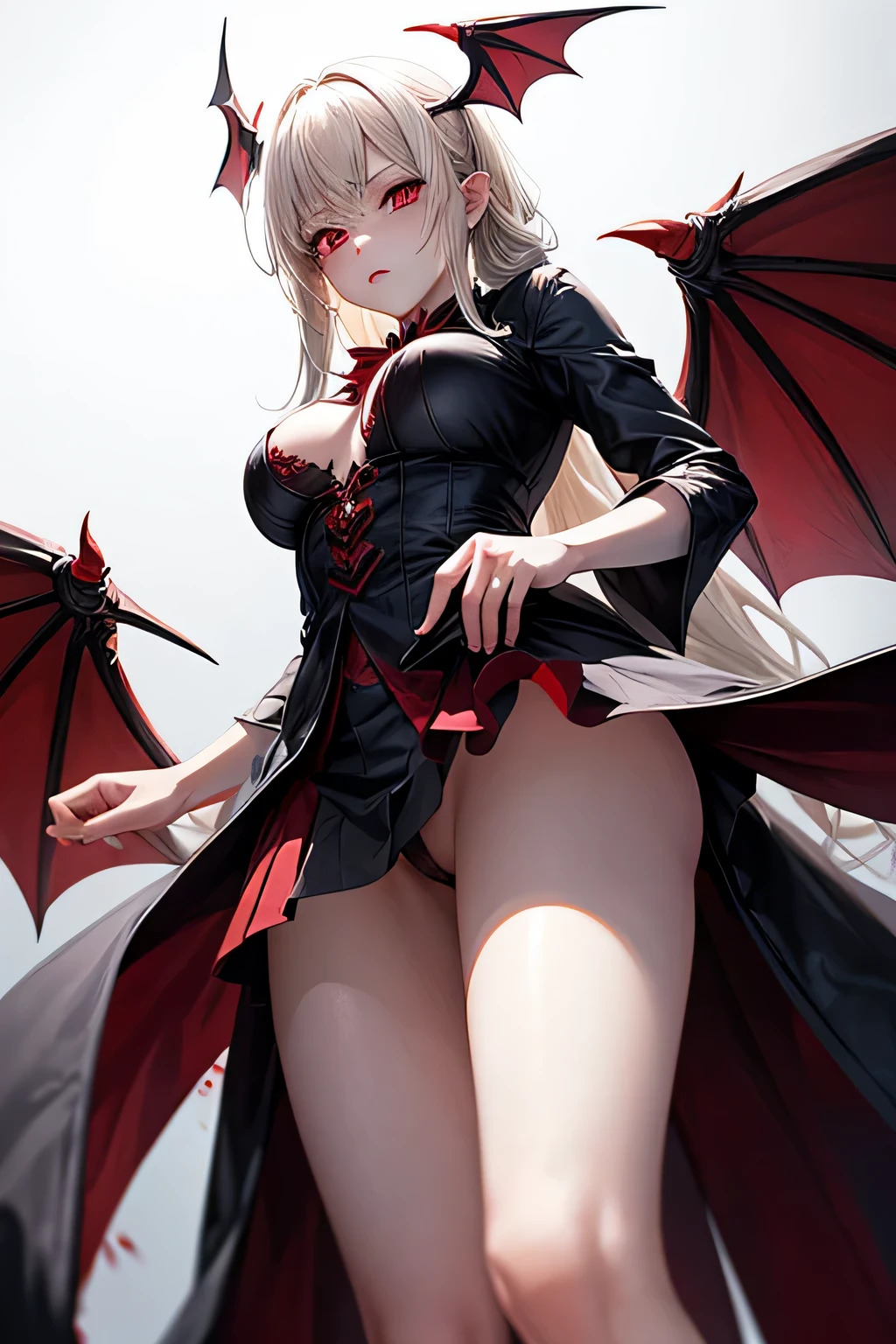 spread your legs、pubic hair、red eyes、bat wings、darkness、暗darkness、Blood、Beautiful female magician、blonde updo、((whole body))、(((photo taken from below)))、magic circle