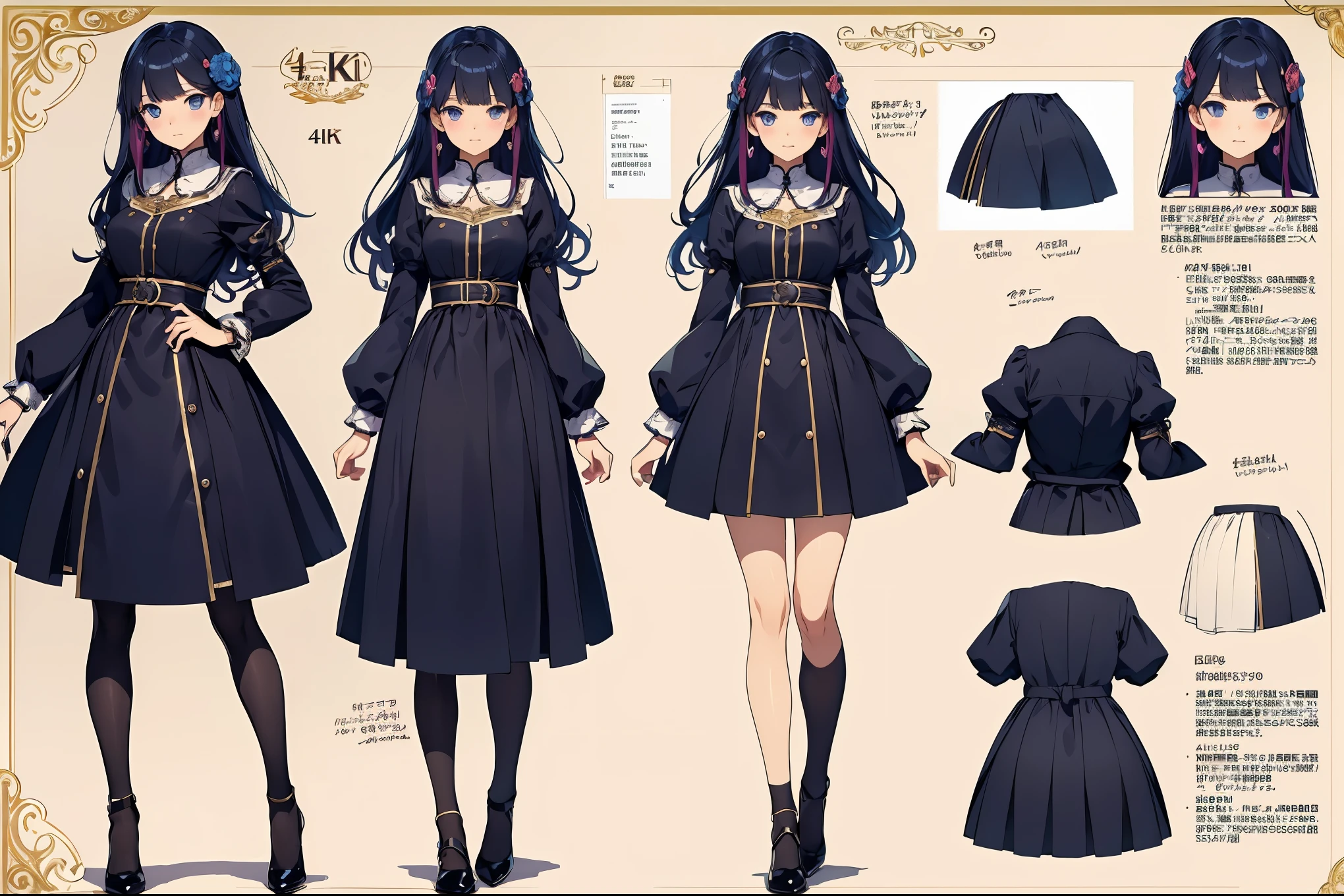 (highest quality、4k、8k、High resolution、masterpiece: 1.2)、Super detailed、real、photorealistic、(((female character design sheet)))、An illustration、(((character design sheet, Detailed character description)))、Full body three-view diagram and detailed explanation of clothing:1.2, creative design、high school girl design、Unique and cute design、impressive anatomy、Expressing the charm of girls、shining eyes、shiny hair、Bright colors、Perfectly balanced composition。