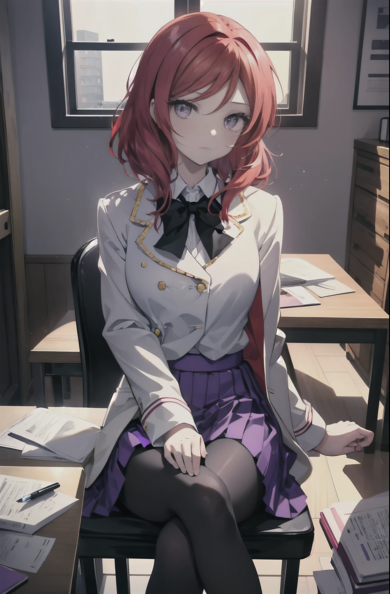 Maki Nishikino, Maki nishikino, semi-long, Red hair, (purple、eye:1.5) (medium chest:1.2),(Photorealistic beautiful doctor sitting on chair with legs crossed)、amazingly beautiful、((doctor&#39;s white coat)), collared shirt、doctor style)), ,(( silk blouse、black tight skirt、 black pantyhose))、白を基調としたExamination room,
break looking at viewer,
break indoors, Examination room, 
break (masterpiece:1.2), highest quality, High resolution, unity 8k wallpaper, (figure:0.8), (緻密で美しいeye:1.6), highly detailed face, perfect lighting, Very detailed CG, (perfect hands, perfect anatomy),