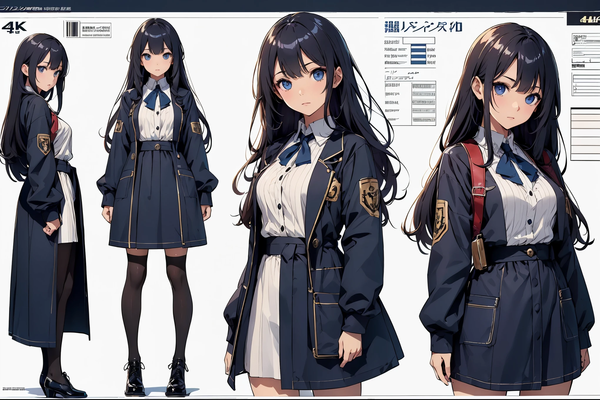 (highest quality、4k、8k、High resolution、masterpiece: 1.2)、Super detailed、real、photorealistic、(((female character design sheet)))、An illustration、(((character design sheet, Detailed character description)))、Full body three-view diagram and detailed explanation of clothing:1.2, creative design、high school girl design、Unique and cute design、impressive anatomy、Expressing the charm of girls、shining eyes、shiny hair、Bright colors、Perfectly balanced composition。