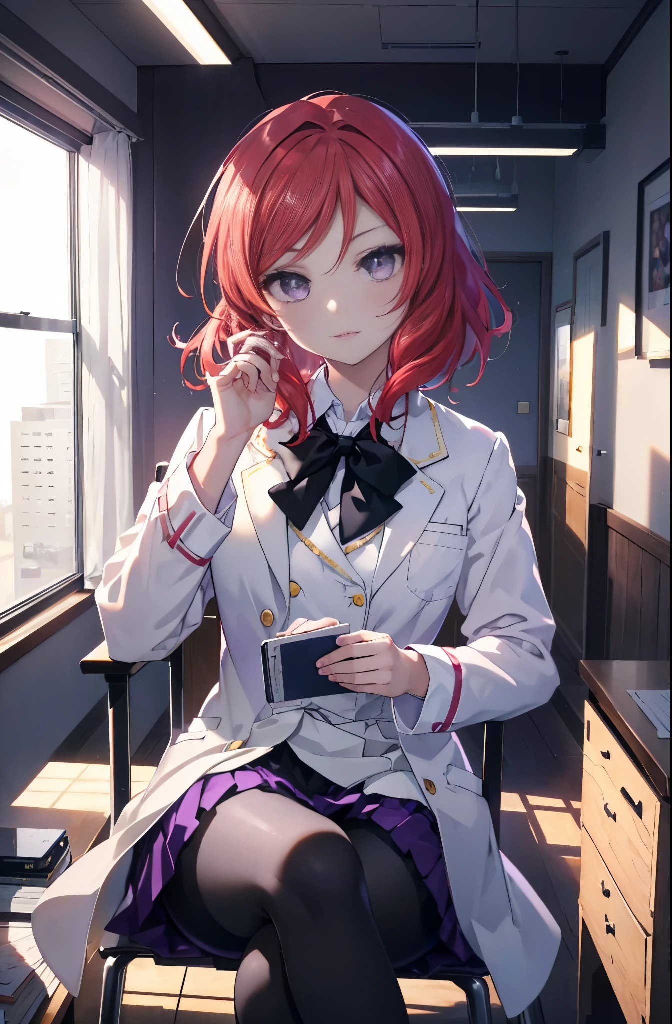 Maki Nishikino, Maki nishikino, semi-long, Red hair, (purple、eye:1.5) (medium chest:1.2),(Photorealistic beautiful doctor sitting on chair with legs crossed)、amazingly beautiful、((doctor&#39;s white coat)), collared shirt、doctor style)), ,(( silk blouse、black tight skirt、 black pantyhose))、白を基調としたExamination room,
break looking at viewer,
break indoors, Examination room, 
break (masterpiece:1.2), highest quality, High resolution, unity 8k wallpaper, (figure:0.8), (緻密で美しいeye:1.6), highly detailed face, perfect lighting, Very detailed CG, (perfect hands, perfect anatomy),