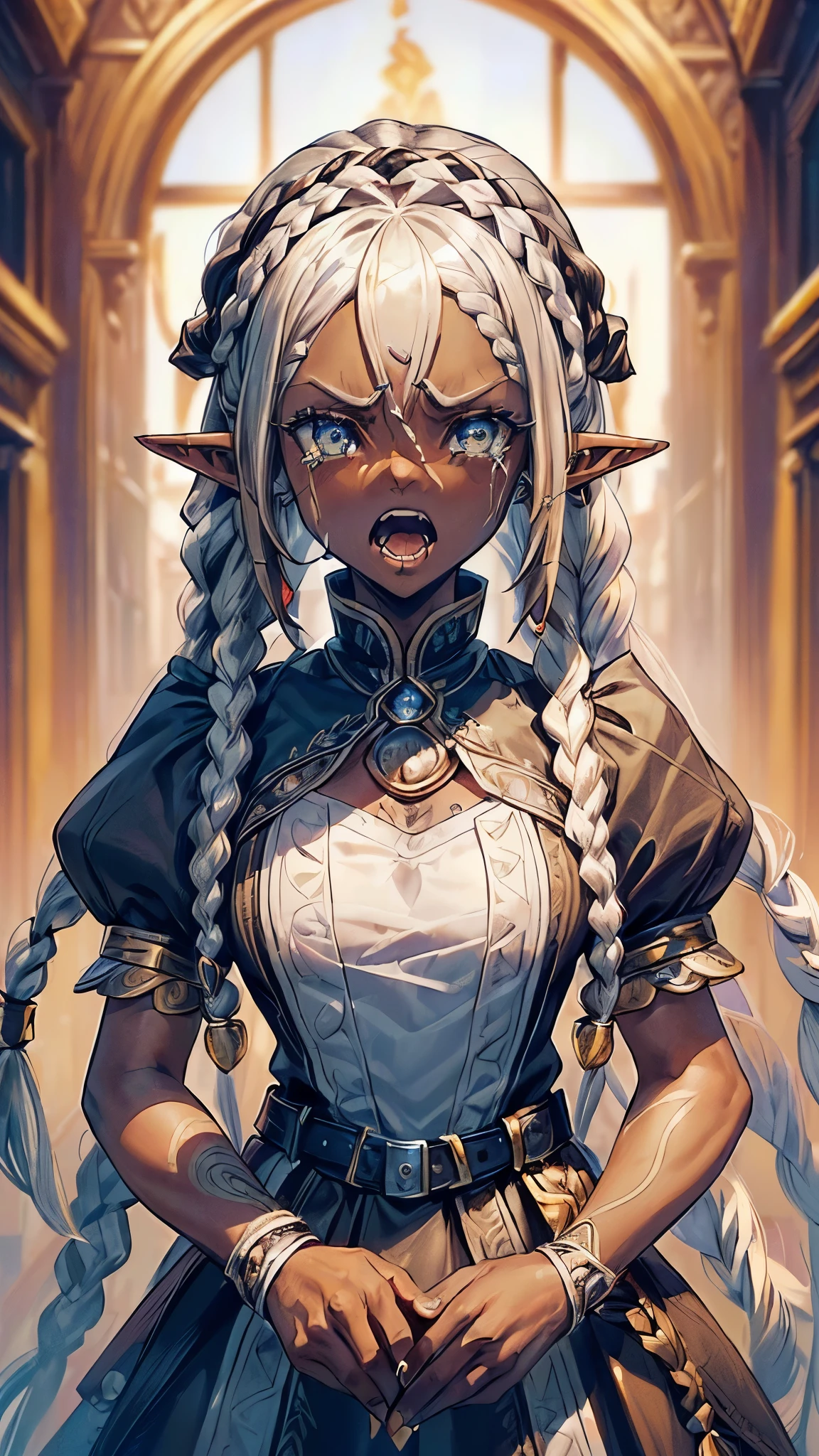 ((black skin maid elf) ((Cornrow Hair Short Dreadlocks)) (solo:1.3 blonde hair long hair detailed elf woman, 1000 yo, detailed silver eyes), (angry face), ((shed tears)), (as if shouting open mouth), in a Maid clothes, break, perfect anatomy, masterpiece:1.2, best quality, 8k, beautiful detailed grow, daydreaming expression.