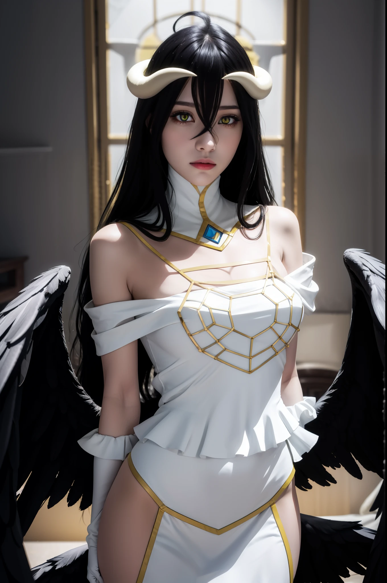 best quality, masterpiece, best animated, highres,
1girl, solo, mature female,  detailed face, detailed eyes, 
albedow, white dress, hip vent, white gloves,
bright light, bright, detailed light,   
black hair, hair between eyes, yellow eyes, white horns, ahoge, black wings, (low wings:1.1),