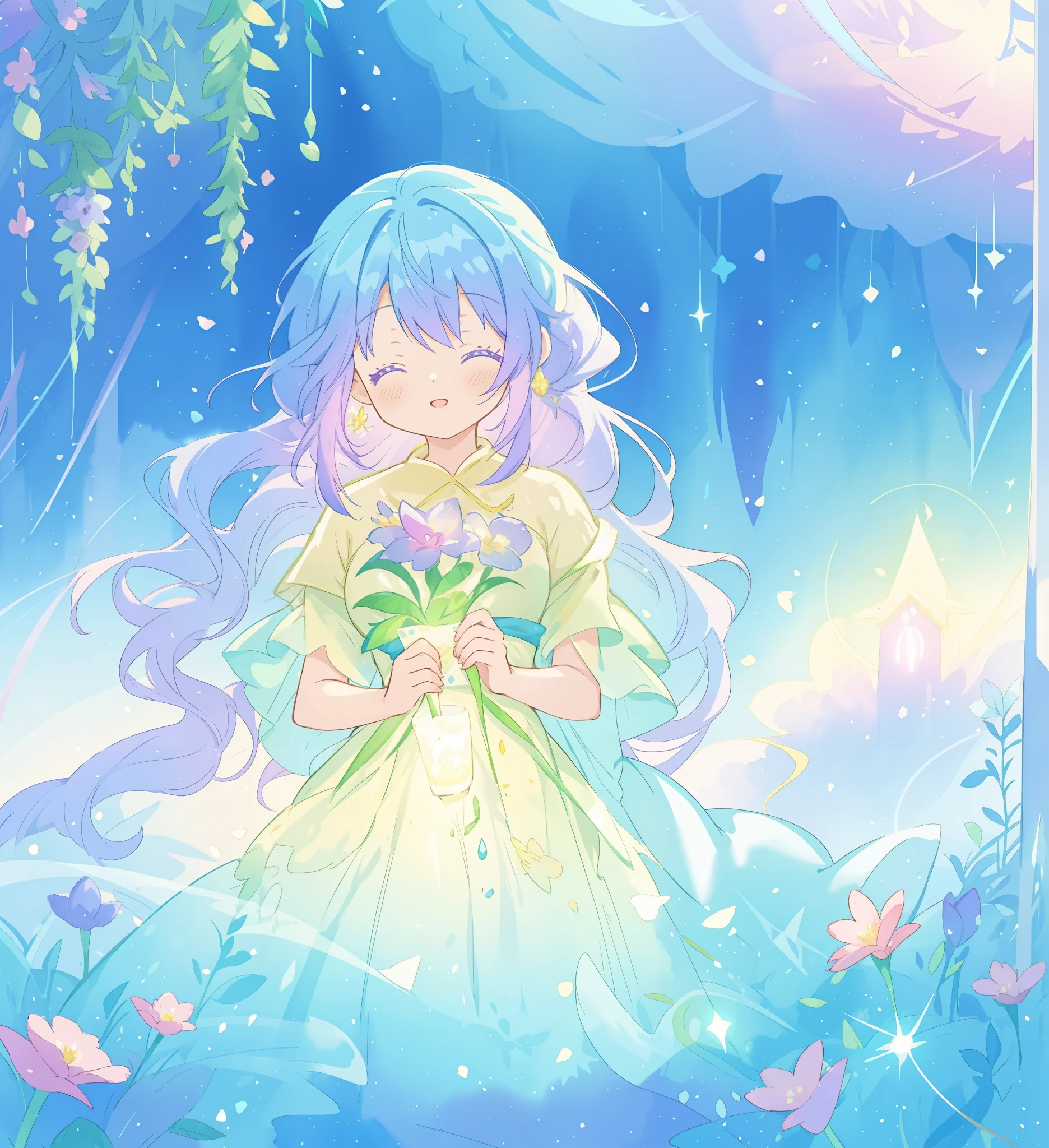 beautiful girl in yellow mint gradient layered fantasy dress, long flowing blue purple hair, colorful fantasia background, watercolor illustration, disney art style, glowing aura around her, glowing lights, beautiful digital illustration, fantasia otherworldly landscape plants flowers, beautiful, masterpiece, best quality, anime disney style