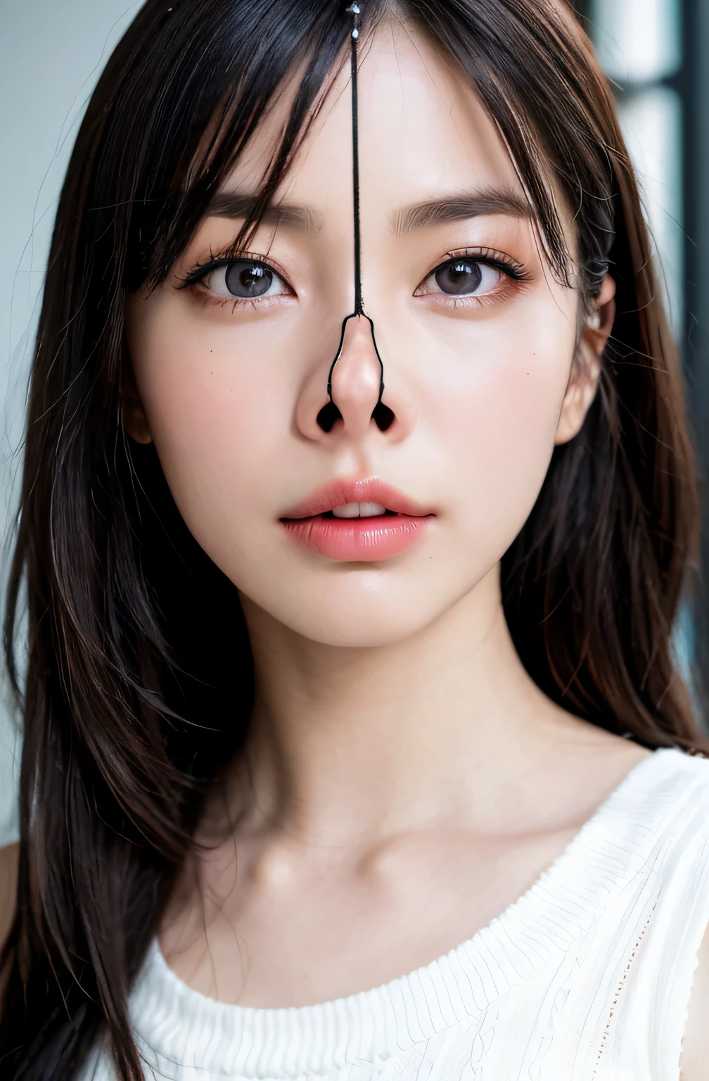 Fashion trendy beautiful and attractive woman, ,(Highest quality realistic textured skins:1.4), fine eyes, detailed face, high quality eyes, focus the eyes clearly, nose and mouth,face focus, Super close up of face gentle and charming Chinese beautiful woman, delicate and sexy clavicle, attractive oval face, double eyelid, Smart peach blossom eyes, pink lips, small nose, bare shoulders, focus on the face, close up of face, ultra high resolution, Super detailed, full body photo, Ultra thin and transparent, The white off-shoulder shirt and light blue slit skirt go great together., fresh and good, And see through,cinematic lighting,rim light,