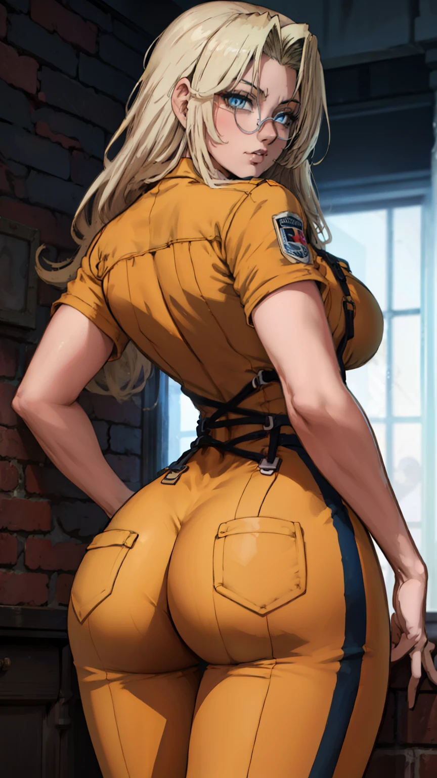 (masterpiece, highest quality, best quality, official art, beautiful and aesthetic: 1.2), (1girl), extremely detailed, (fractal art: 1.3), highest detailed, lower boddy focus, lower body, HDR, ), vivid visual effects, (dynamic stripes, luminous traces: 1.2), back viee, nude, hip focus, sexy, wide hips, thicc figure, completely naked, abs,  muscular, ass, ass focus. Looking at viewer,  looking back, Detailed face, Detailed eyes, perfect face, perfect eyes, integra,  integra hellsing, wearing overall jumpsuit, overall jumpsuit, exposed thighs 