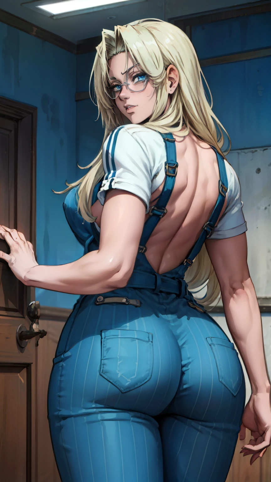 (masterpiece, highest quality, best quality, official art, beautiful and aesthetic: 1.2), (1girl), extremely detailed, (fractal art: 1.3), highest detailed, lower boddy focus, lower body, HDR, ), vivid visual effects, (dynamic stripes, luminous traces: 1.2), back viee, nude, hip focus, sexy, wide hips, thicc figure, completely naked, abs, muscular, ass, ass focus. Looking at viewer, looking back, Detailed face, Detailed eyes, perfect face, perfect eyes, integra, integra hellsing, wearing overall jumpsuit, overall jumpsuit, exposed thighs
