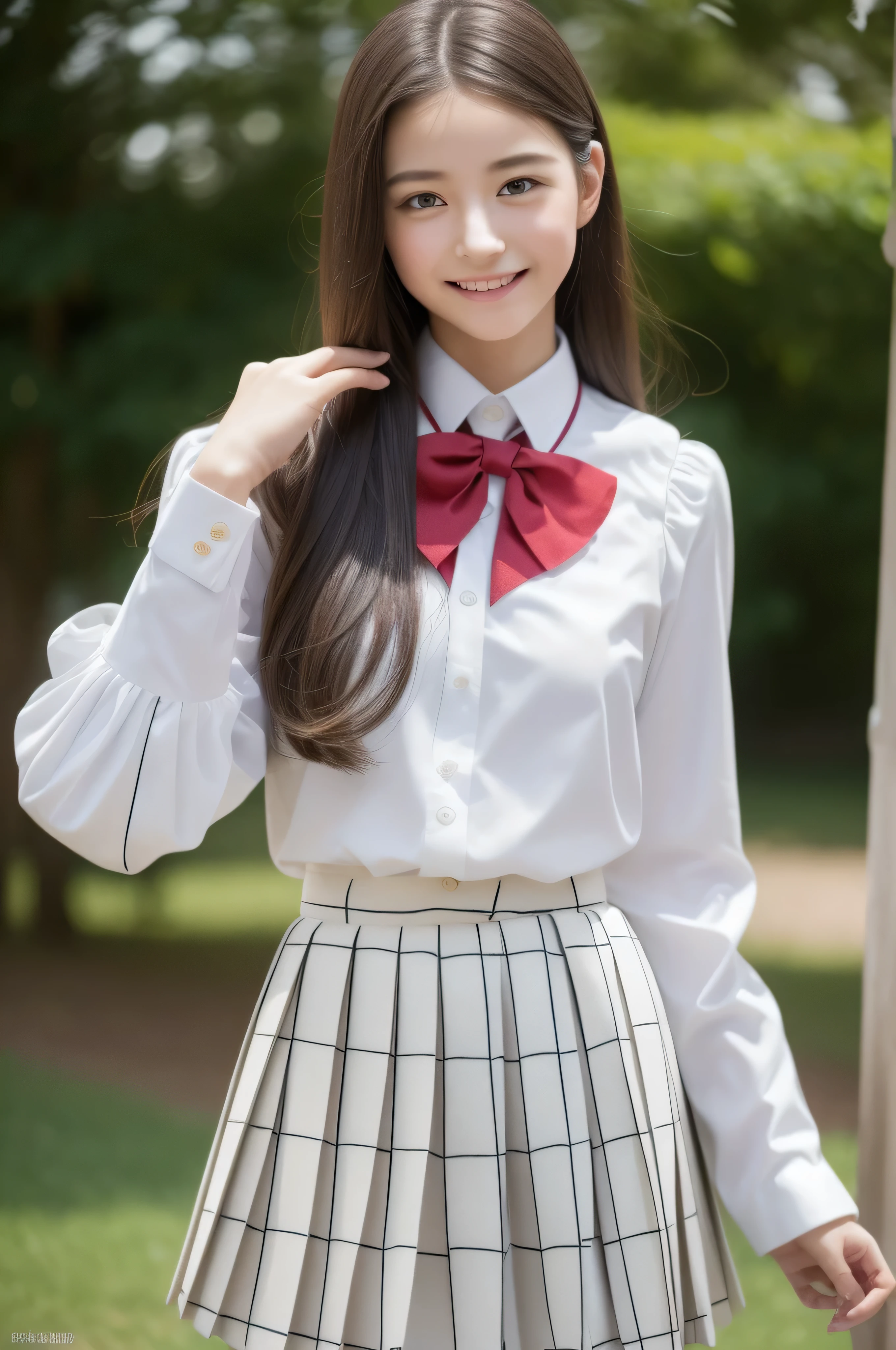 (realistic, photo-realistic:1.37),(8k, RAW photo, best quality, masterpiece:1.2), cute, ultra-detailed,heart-shaped pupils,physically-based rendering, ultra high res, kodakvision color, shot on Arricam LT Camera, bokeh, sharp focus, looking at viewer,photorealistic,realistic, solo, photorealistic, best quality,extremely detailed face,extremely detailed eyes and face, beautiful detailed eyes,absurdres, incredibly absurdres,haunting smile,Messy hair, floating hair,bound waist,fullbody shot、((full figure supermodel standing, entire body in frame))、((highschool uniform_salor cloth_white long sleeve_Pleated skirt with many checked folds:1.3)),