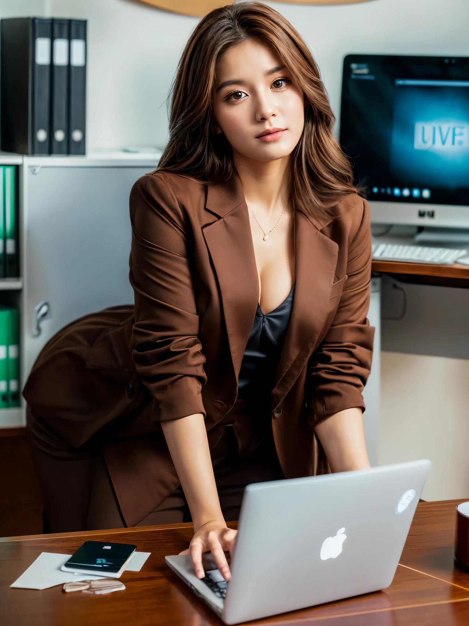 ((Office Scene, Realistic Light, Best Quality, 8K, Masterpiece: 1.3)), 1 Girl, formal cloth,Beauty: 1.4, (Brown Hair, glossy cheek: 1.3), black blazer: 1.3, laptop, Ultra Detailed Face, Detailed Eyes, Double Eyelids, office,Cleavage
