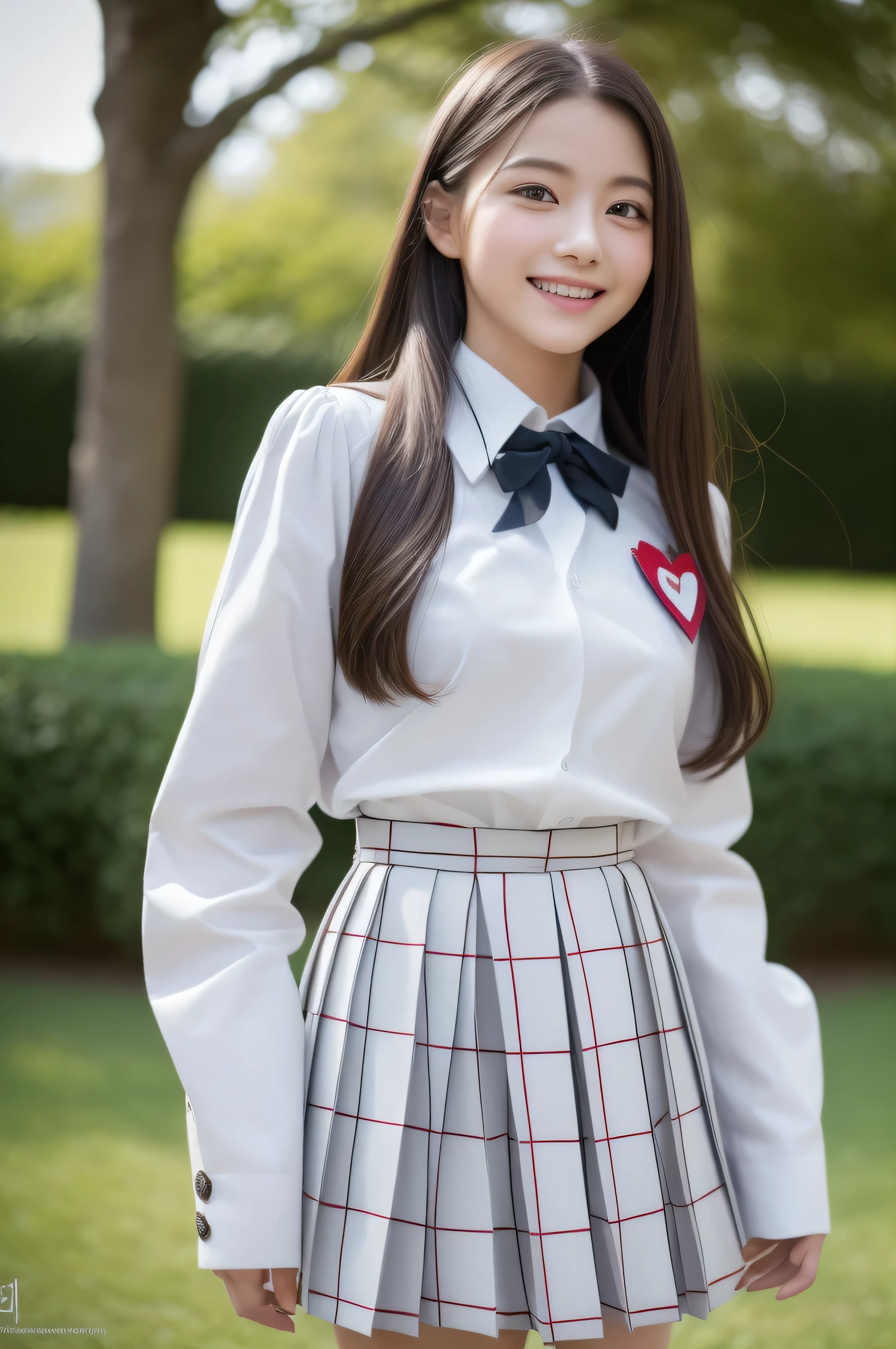 (realistic, photo-realistic:1.37),(8k, RAW photo, best quality, masterpiece:1.2), cute, ultra-detailed,heart-shaped pupils,physically-based rendering, ultra high res, kodakvision color, shot on Arricam LT Camera, bokeh, sharp focus, looking at viewer,photorealistic,realistic, solo, photorealistic, best quality,extremely detailed face,extremely detailed eyes and face, beautiful detailed eyes,absurdres, incredibly absurdres,haunting smile,Messy hair, floating hair,bound waist,fullbody shot、((full figure supermodel standing, entire body in frame))、((highschool uniform_salor cloth_white long sleeve_Pleated skirt with many checked folds:1.3)),