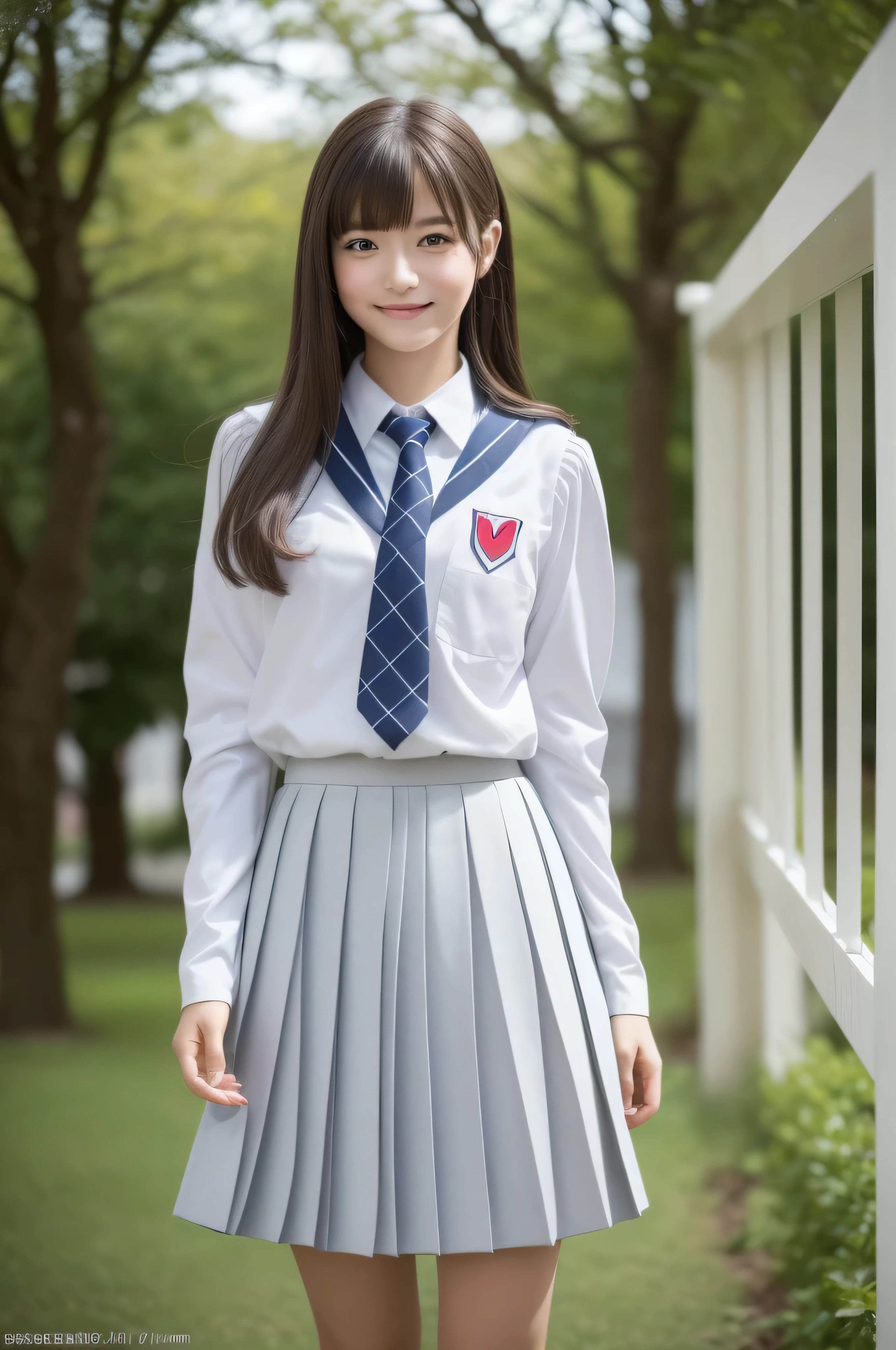 (realistic, photo-realistic:1.37),(8k, RAW photo, best quality, masterpiece:1.2), cute, ultra-detailed,heart-shaped pupils,physically-based rendering, ultra high res, kodakvision color, shot on Arricam LT Camera, bokeh, sharp focus, looking at viewer,photorealistic,realistic, solo, photorealistic, best quality,extremely detailed face,extremely detailed eyes and face, beautiful detailed eyes,absurdres, incredibly absurdres,haunting smile,Messy hair, floating hair,bound waist，fullbody shot、((full figure supermodel standing, entire body in frame))、((highschool uniform_salor cloth_white long sleeve＿Pleated skirt with many checked folds:1.3)),
