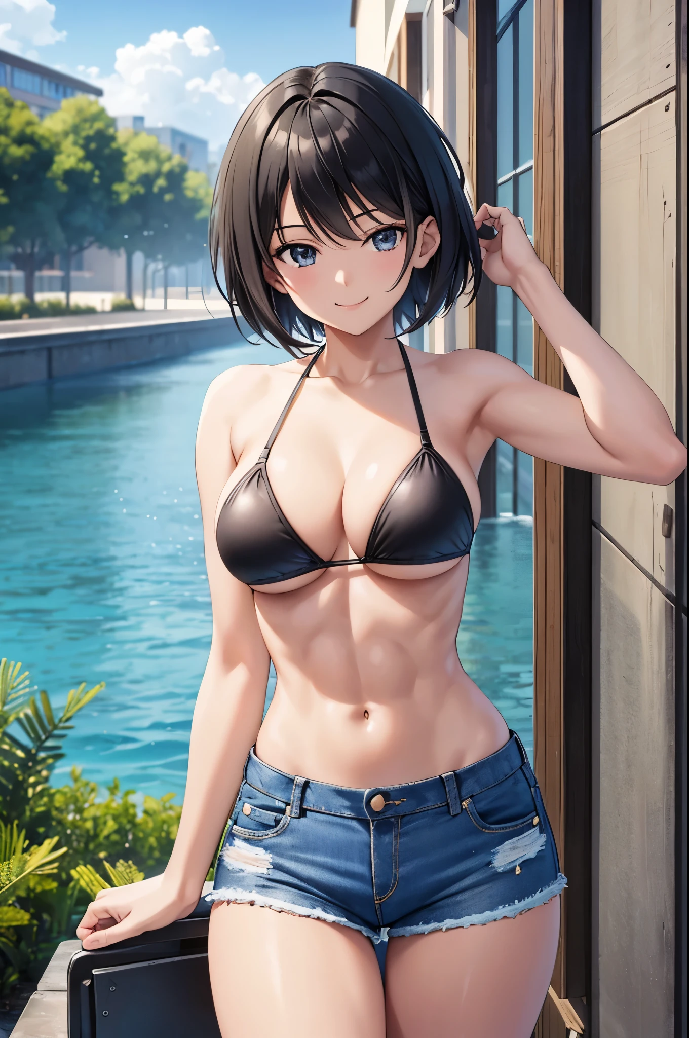 raw photos, masterpiece, best quality, ultra detailed, ultra high resolution, very detailed face, solo, anime, girl, black short hair, wearing a triangle bikini and short denim jeans, medium breast, slim and tall body, abs, hand on the head, smile, outdoor