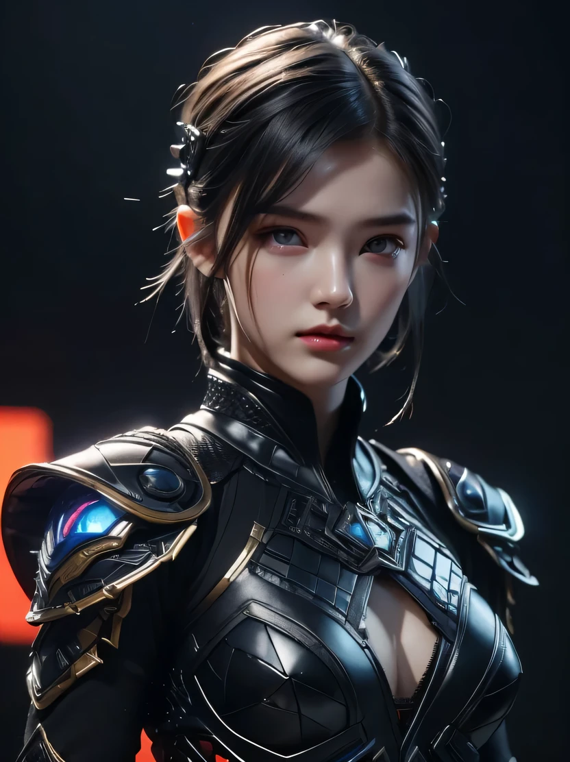 ((masterpiece、highest quality、Super detailed、High resolution、realistic、sharp focus、cinematic lighting))、((Portrait of 20 year old girl))、3/5 shot、(Cyberpunk style female special forces fighter、special forces)、(black hair、boyish short hair、high top fade、all back)、red eyeshadow、big breasts、red lips、Attractive mouth、serious expression、(special forces black clothing、combat uniform、joint armor、headgear)、Cyberpunk characters、sci-fi style、gray background、combat readiness、reflective texture、((view audience))、F41 arm 0r、photo of perfecteyes eyes