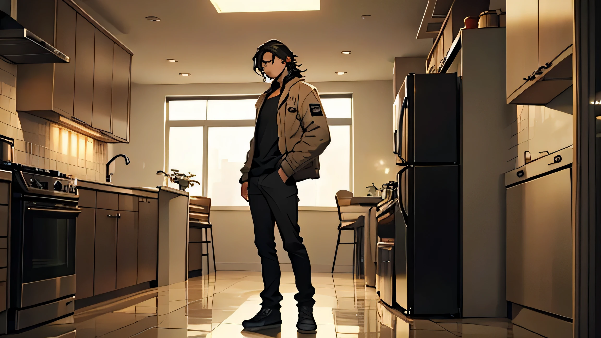 Draw a young male, with a frowning expression, dark hair color, and medium length hair. He is dressed casually, holding a metal lighter, and standing in the kitchen off to the side. Full body image, best quality, 1male, solo, masterpiece,