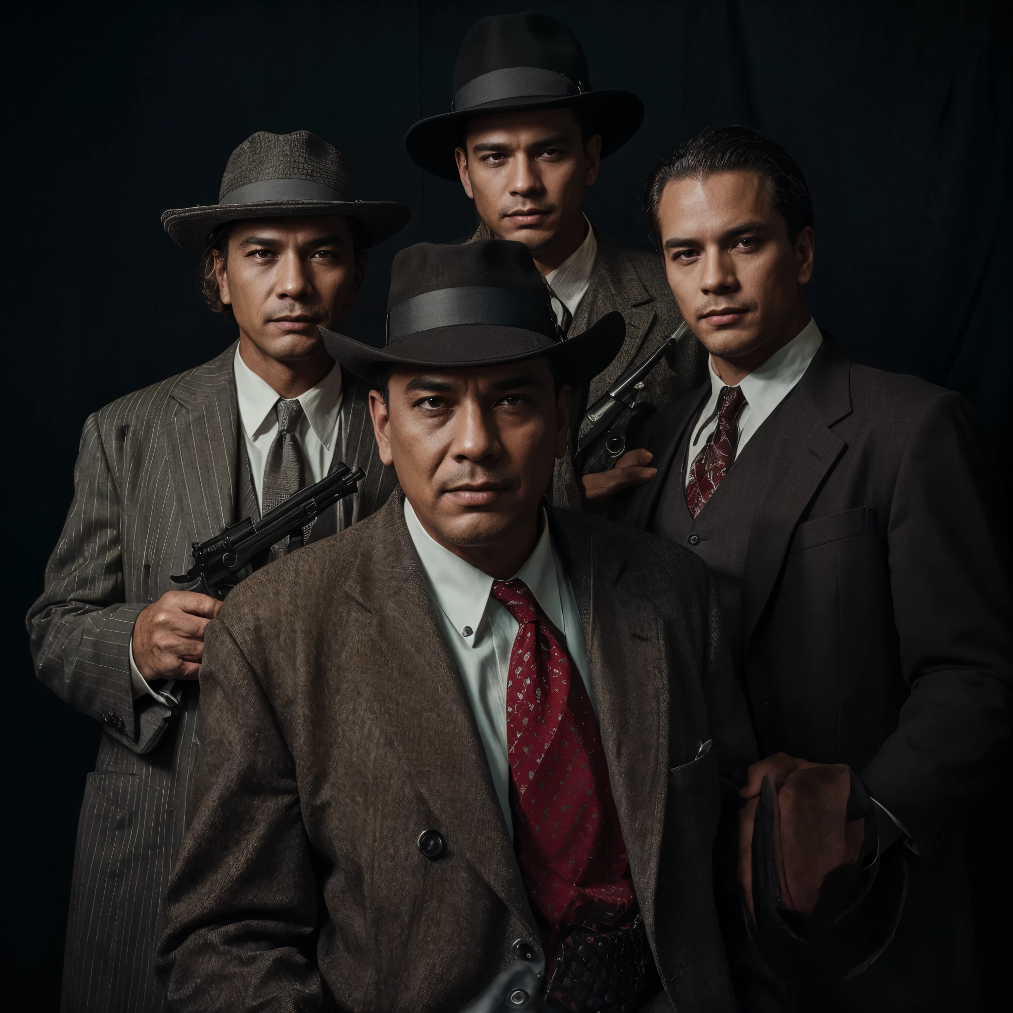 there arefour men in suits and hats posing for a picture, portrait shot, portrait of dangerous, 1 9 4 0 s film noir, promotional shot, character photography, portrait, mafia, promo photo,  promotional photo,malaysian,cinematic ,colour grading