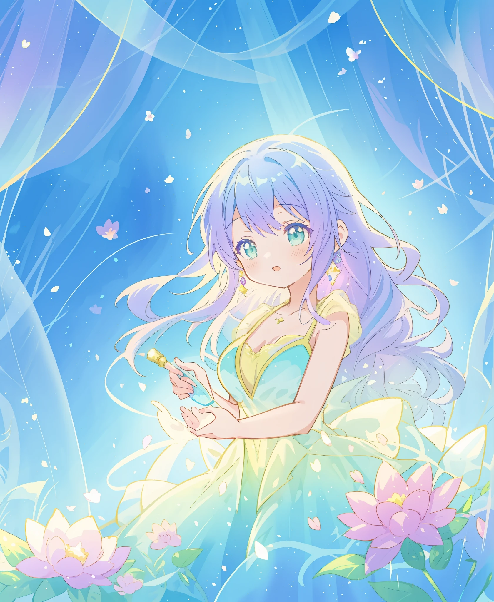 beautiful girl in yellow mint gradient layered fantasy dress, long flowing blue purple hair, colorful fantasia background, watercolor illustration, disney art style, glowing aura around her, glowing lights, beautiful digital illustration, fantasia otherworldly landscape plants flowers, beautiful, masterpiece, best quality, anime disney style
