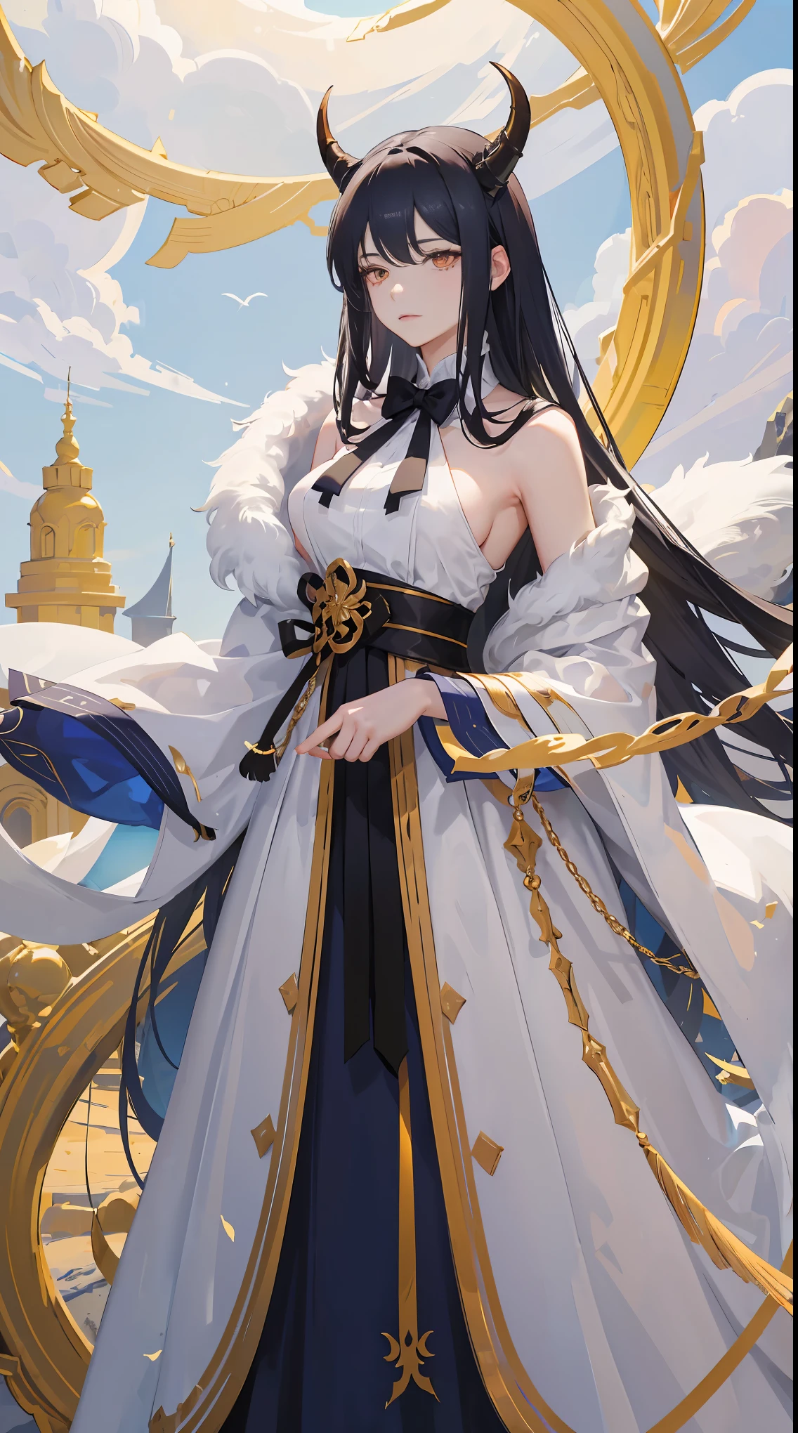 Seven Rhaeyar, Ancient Star goddess, Perfect female anatomy (Adult Female, 166cm in height, pale skin, slim, slender, 34D breast size, Dark Orange Eyes with beautiful details, Long Straight Black Hair, Beauty Mark Mole on right cheek bone, a set of black horns on her head), Neutral facial expression, Elegant white dress with black bow tie, blue coat knee length, dragon motifs, gold and rope accessories, View of the open blue sky with only clouds, receiving light from the front, Ethereal glow