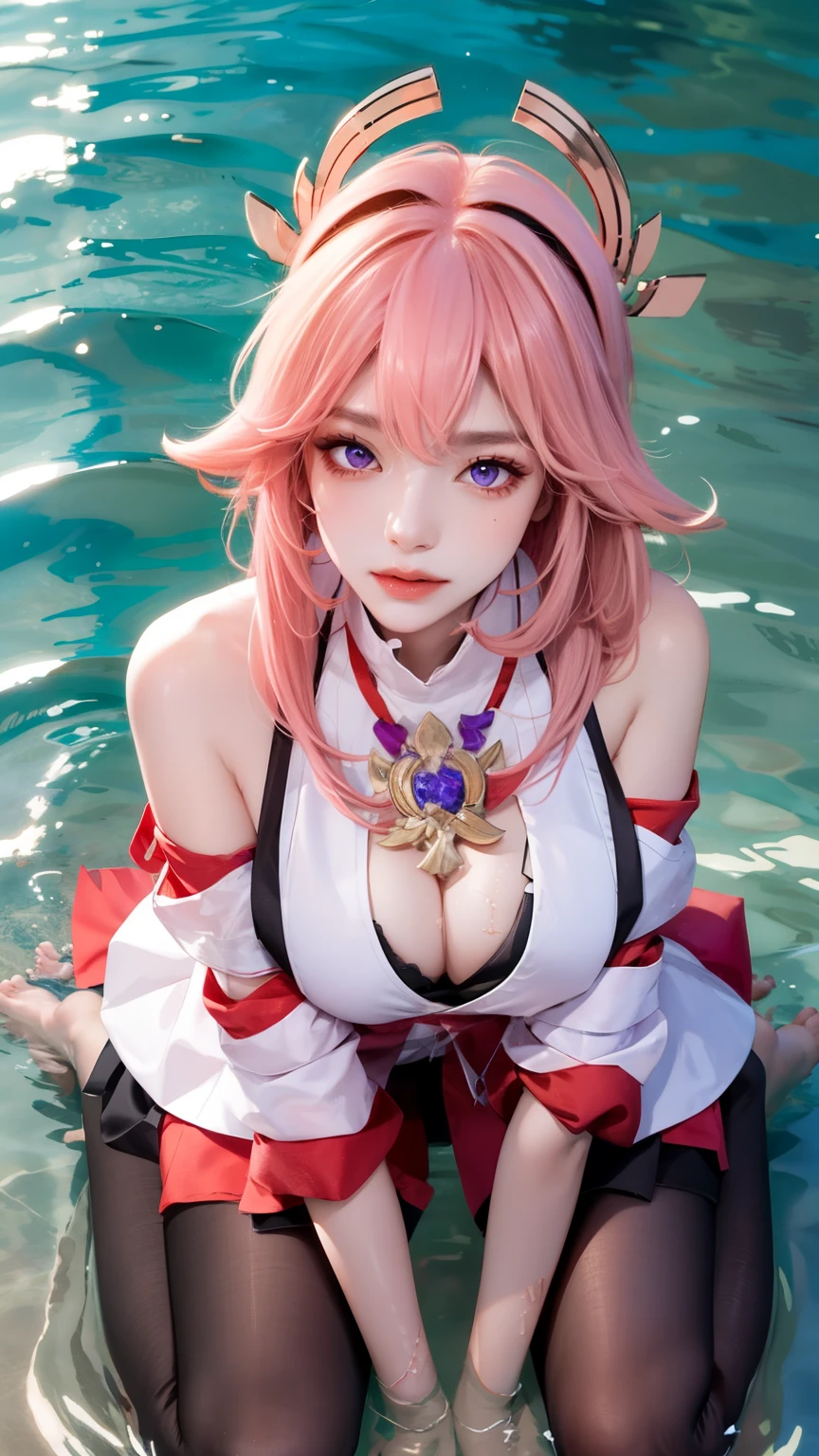 masterpiece、best quality、16k、textured skin、a woman、on all fours,Kneel in the water,Viewed from above, the audience feels spoiled、long pink hair、purple eyes,huge ,headgear、black off shoulder shirt、open chest,Chest tulle transparent,black pantyhose,barefoot、shallow water、sun、beach、Latu,whole body,