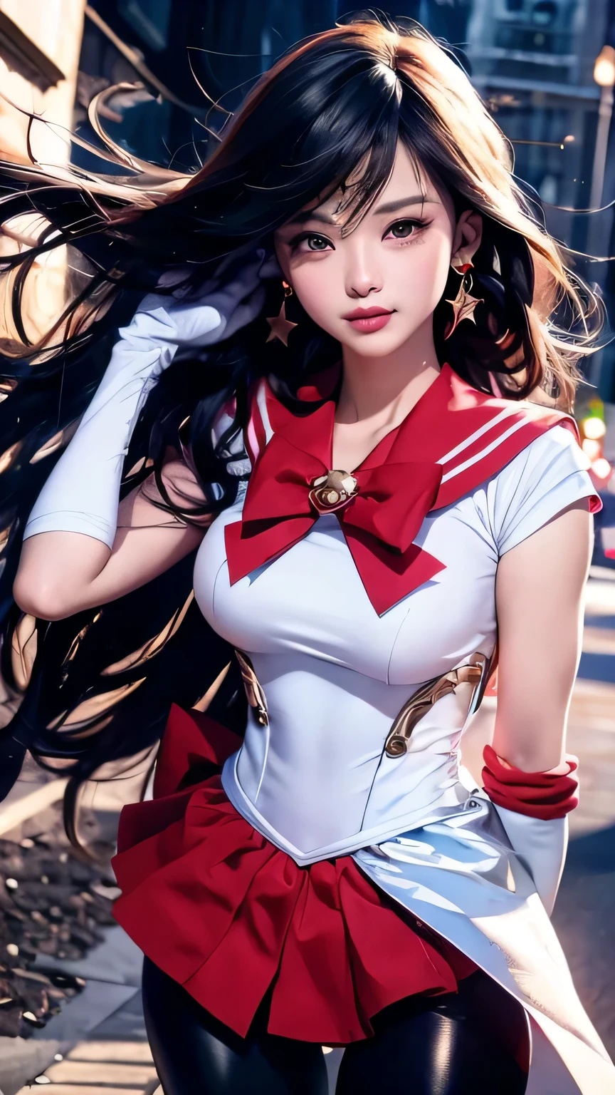 1girl, sailor mars, brown eyes, (jet black hair), (long flowy hair), ((armored sailor senshi uniform:1.1)), ((metallic breast plate)), ((plead skirt)), legging armor, (metallic bow), dynamic posture, Dynamic background, best quality, masterpiece, high resolution, intricate details, ((realistic)), photographic, earrings, jewelry, sailor mars tiara, white gloves, Medium breast, full body, white gloves, sailor collar