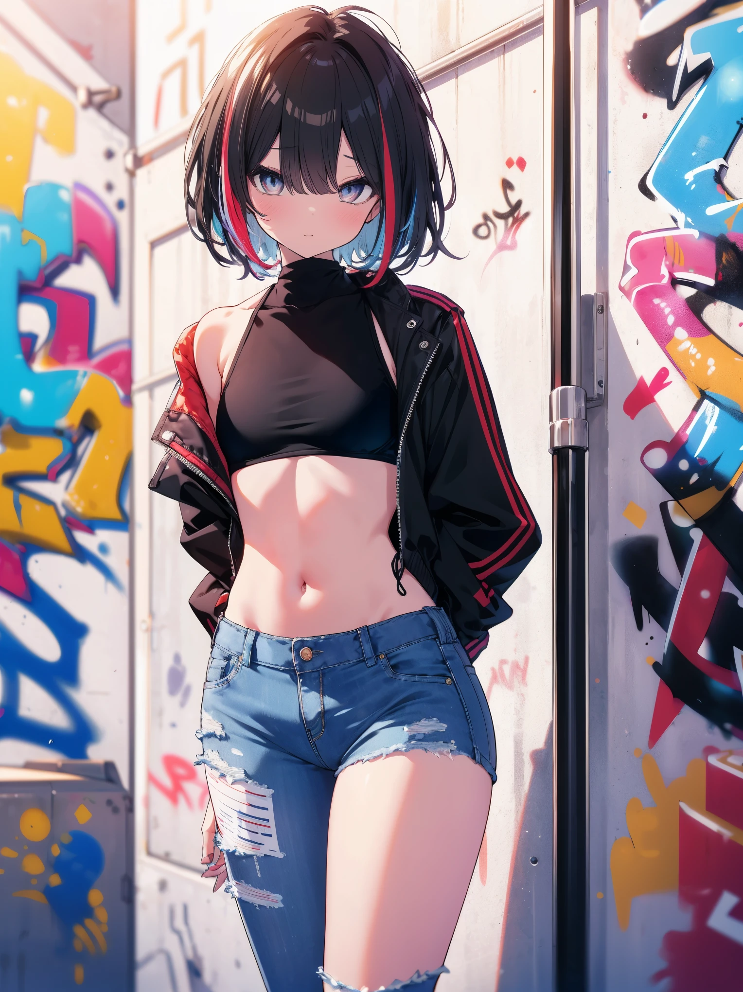 (cowboy shot), (best quality, ultra-high resolution, depth of field:1.2), adult, 1woman, toned body, medium breasts, wide hips, solo, black hair, streaked hair, short hair, bangs, cropped jacket, black crop top, (highleg bikini:1.4), bikini underwear, (denim jeans), (graffiti:1.4), paint-stained clothes, slouching, laying on the wall, looking at viewer, upturned eyes, head tilt, bored, hands behind back