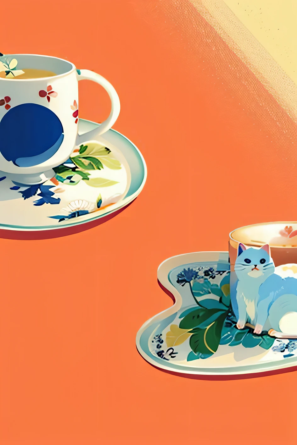 Ceramic tea cups and saucers,There's a cat on it, Dip into polished colorful ceramics, japanese pottery, Inspired by Miyagawa Chapter 1, glaze面陶瓷, enamel,glaze