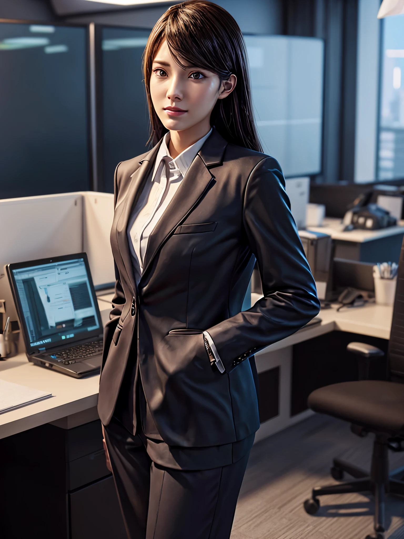 Photorealistic style image of woman in business suit standing in office, Office Clothes, Smooth realistic CG Art, Back Pose, Wearing a strict business suit, digital realistic art, digital realistic illustration, Work clothes, high detailed official artwork, Detailed Digital realistic Art, Official art, cushart krenz key art feminine, visual novel cg, makoto shinka