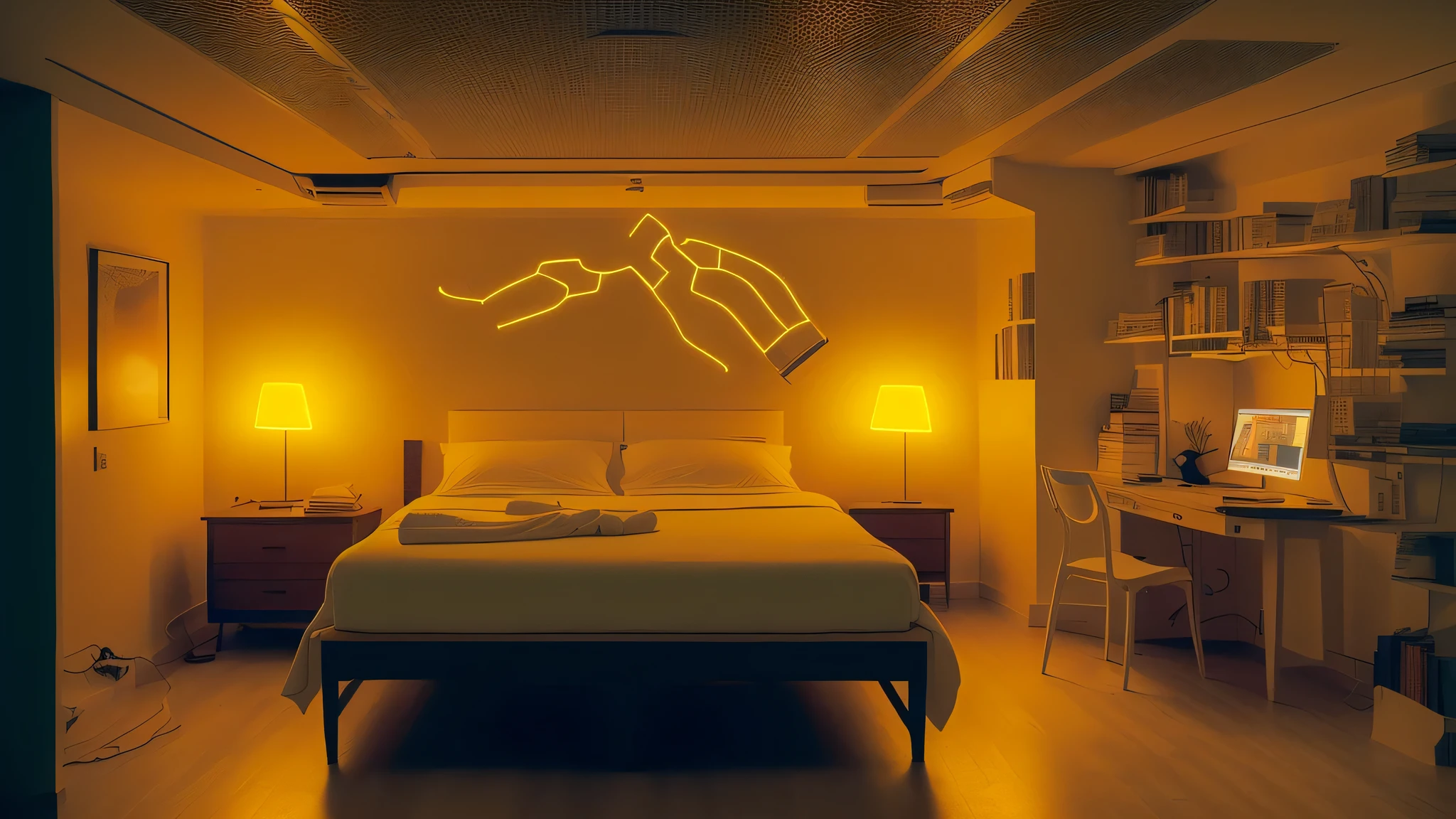 a room with a large screen and a bed in it with a safety-orange light on the wall and a neon goldenrod light on the ceiling, Beeple, dystopia, cyberpunk art, neo-figurative