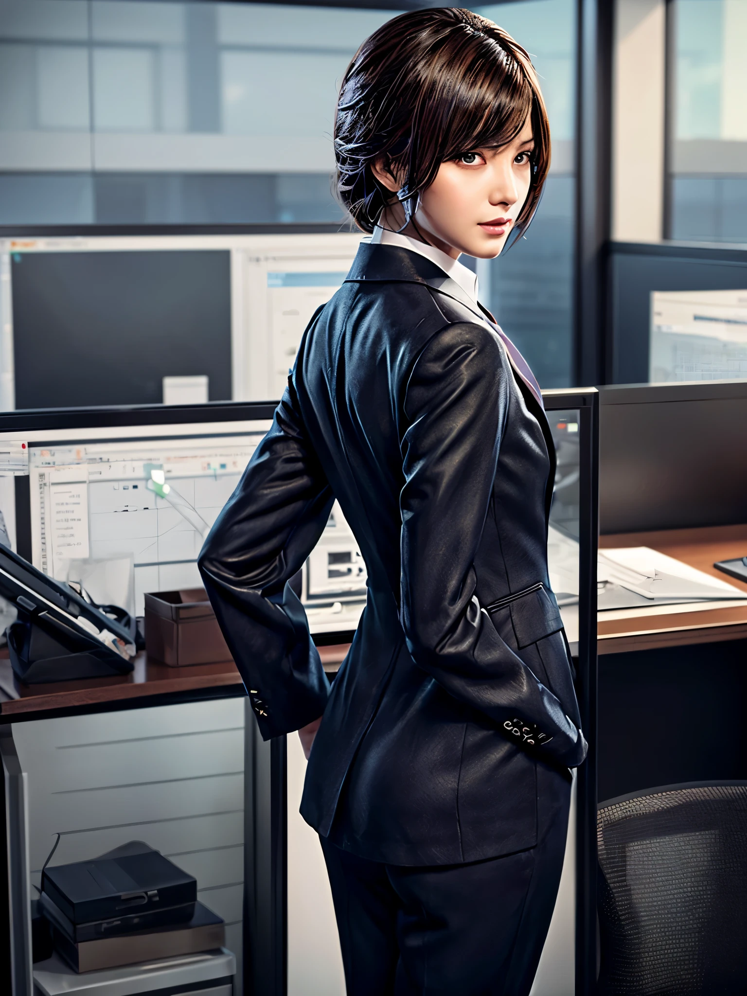 Photorealistic style image of woman in business suit standing in office, Office Clothes, Smooth realistic CG Art, Back Pose, Wearing a strict business suit, digital realistic art, digital realistic illustration, Work clothes, high detailed official artwork, Detailed Digital realistic Art, Official art, cushart krenz key art feminine, visual novel cg, makoto shinka