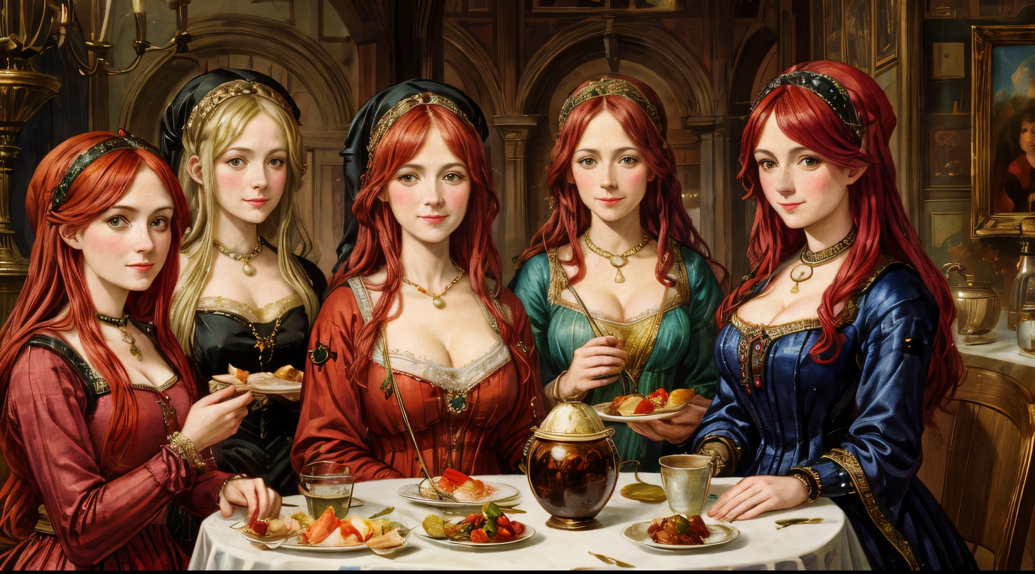 wide angle cinematic shot of a renaissance party Art deco poster comic / nice eyes / wide hips large tits / a_beautiful__busty_swedish woman__in_a intricate diaphanous dinner dress costume / realistic painting of A busty 40 year old woman dressed as a medieval mature woman in fancy dresses_by _hieronymus bosch/ / painting style / xxx / vintage salon background / smiling face / random pose / long red hair / portrait view / different faces/ detailed mature face / a group of 5 different women standing around a table of fish , looking at viewer / by hieronymus bosch /each woman has unique characteristics including hair colour and face.