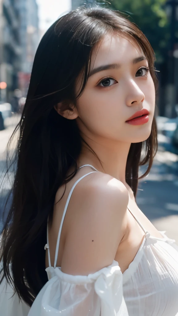 best quality,masterpiece,ultra high resolution,(Realism:1.4),RAW photos,1 girl,Off the shoulders,face highlight,pure,Full of girly feeling,18 years old,spaghetti straps,Black suspenders,Deep V big breasts,18 years old微笑女同学,pure,Innocent,(best quality,8k,masterpiece:1.3),Oval face,big eyes,long eyelashes,Beautifully(Realistic style),starry eyes,ultimate face,Realistic light and shadow,Clear facial features, fair and silky skin,White skin, High detail skin, Realistic skin details, Visible pores,(Ultra-detailed),(Perfect body:1.1),long hair,(dynamic poses),((dynamic背景((Volumetric light:1.3)),street view,dynamic,walk,Carrying a bag