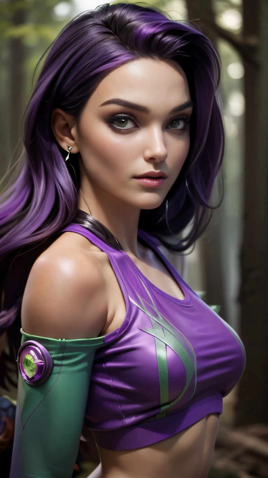 photo of celebrity, RAW, beautiful woman, ((portrait)), ((detailed face, colorful rainbow hair:1.2)), ((detailed facial feature, detailed skin, clear skin, parted lips), (perfect proportioned body, medium breasts), ((wearing a Starfire cosplay, purple crop top, jewelry green, bare shoulders: 1.5)), (high detailed dark forest: 1.3), (realistic photo, best quality, detailed), (8k wallpaper), (cinematic lighting, dramatic lighting) (sharp focus, intricate)