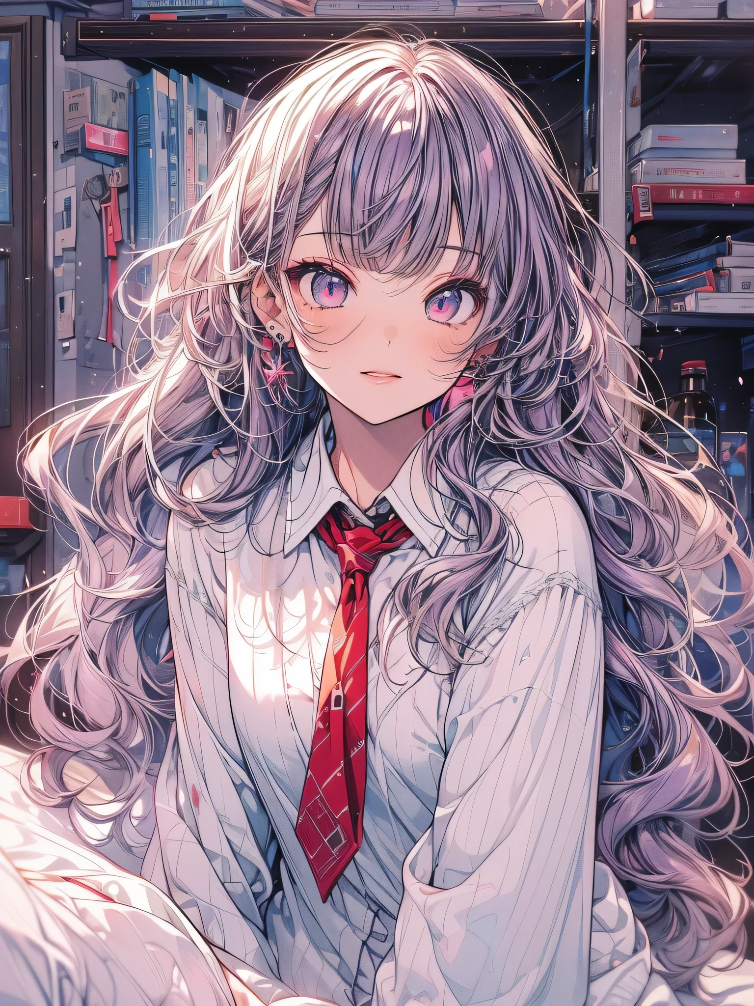 (((Super detailed, 8K quality))),,hair above one eye, red eyes, clear eyes, open jacket,doctor style, 1 female, 22 years ago,reach out your hand、Not looking at the photographer、blue eye background,Looks comfortable、worthless costumes、Please come dressed in casual clothes.、UNIQLO Fashion、No decoration、No decoration included、no neckless,big and full breasts, (scarlet hair), long hair, purple eyes, wearing a white coat、researcher、Glasses、thin shirt,short skirt、ultra shorts、 (natural skin texture vivid details, surreal, (realistic detailed eyes, natural skin texture, realistic facial details), Depth of written boundary, Bokeh, vivid details, surreal, 35mm movie,lipstick, ear piercing, eye shadow, red pink lips, 多色のred eyes, purple theme,Wear an iridescent aura,beautiful eyes,purple carpet,hanging bangs,sit,Main colors are white and purple,((sleeping in bed)),put one'put your hands behind your back'Came back,pretend to be asleep,clear eyes,muscular pussy,black stockings、,please show me your butt、big ass,graduate school,graduate school、During the preparation of the drug,white background