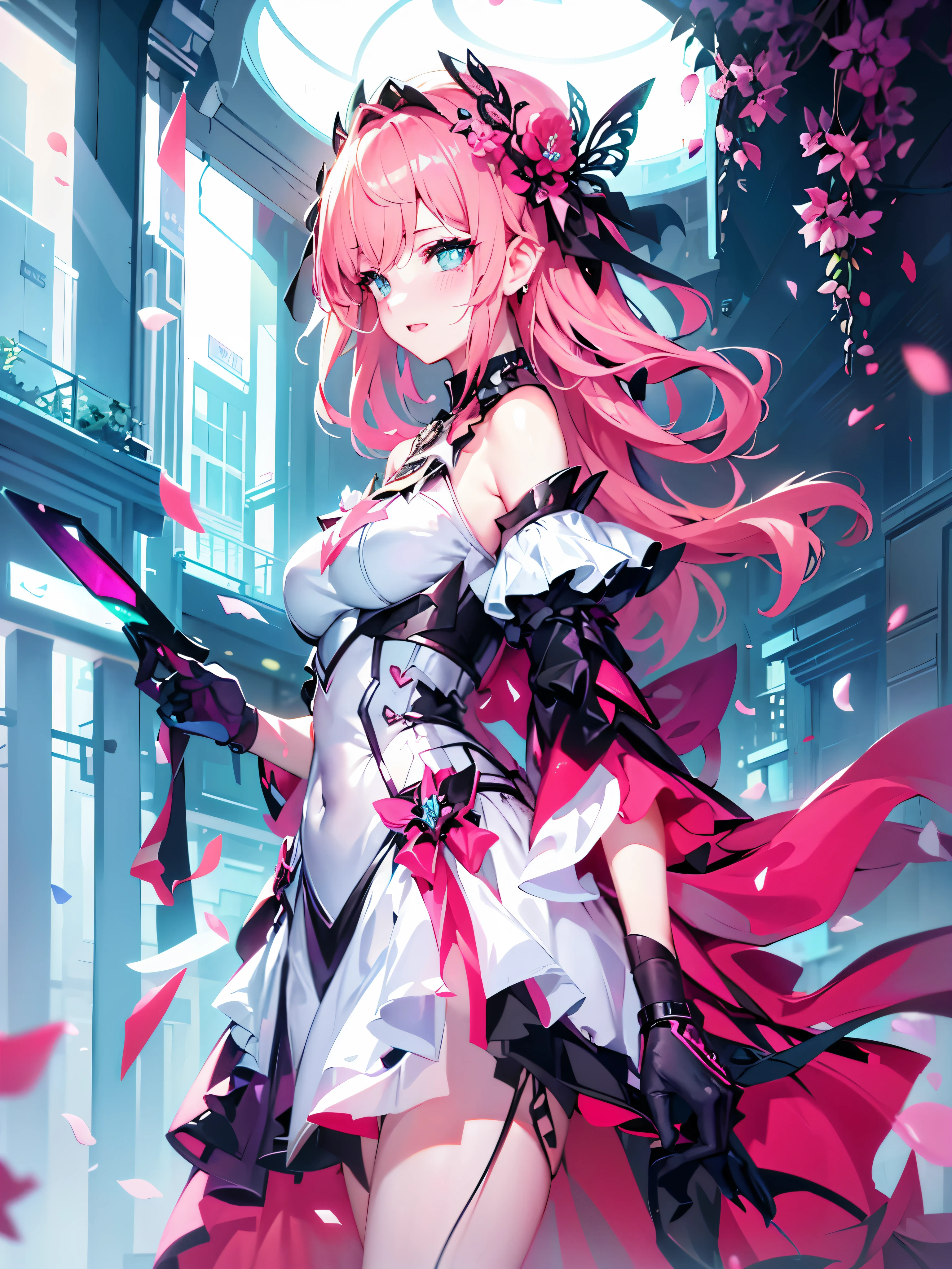 ((best quality)), ((masterpiece)), (detailed:1.4), Beautiful cyberpunk woman image,high dynamic range(high dynamic range),Ray tracing,NVIDIA RTX,super resolution,fantasy 5,Scattered under the surface,PBR texture,post processing,Anisotropic filtering,Writing limit depth,Multi-layered textures for maximum clarity and clarity,Albedo and highlight maps,surface coloring,Accurately simulate the interaction of honey with materials,Perfect proportion,Rendering with Octane,two colors of light,large diameter,Low ISO,white balance,Rule 3 points、8K raw data、Beautiful bright blue pupils,off shoulder clothes,good student,Exquisite face and eyes,long eyelashes,blush,Fine and fluffy hair,pink lips,pure,cute face,sweet girl,Artistic sense,casual wear,luxury,Butterfly,Sakura petals,beautiful hair accessories,Long hair to waist,hair blowing in the wind,curly,Masamitsu,The light from the rear window is backlit.,In the magnificent King's Hall