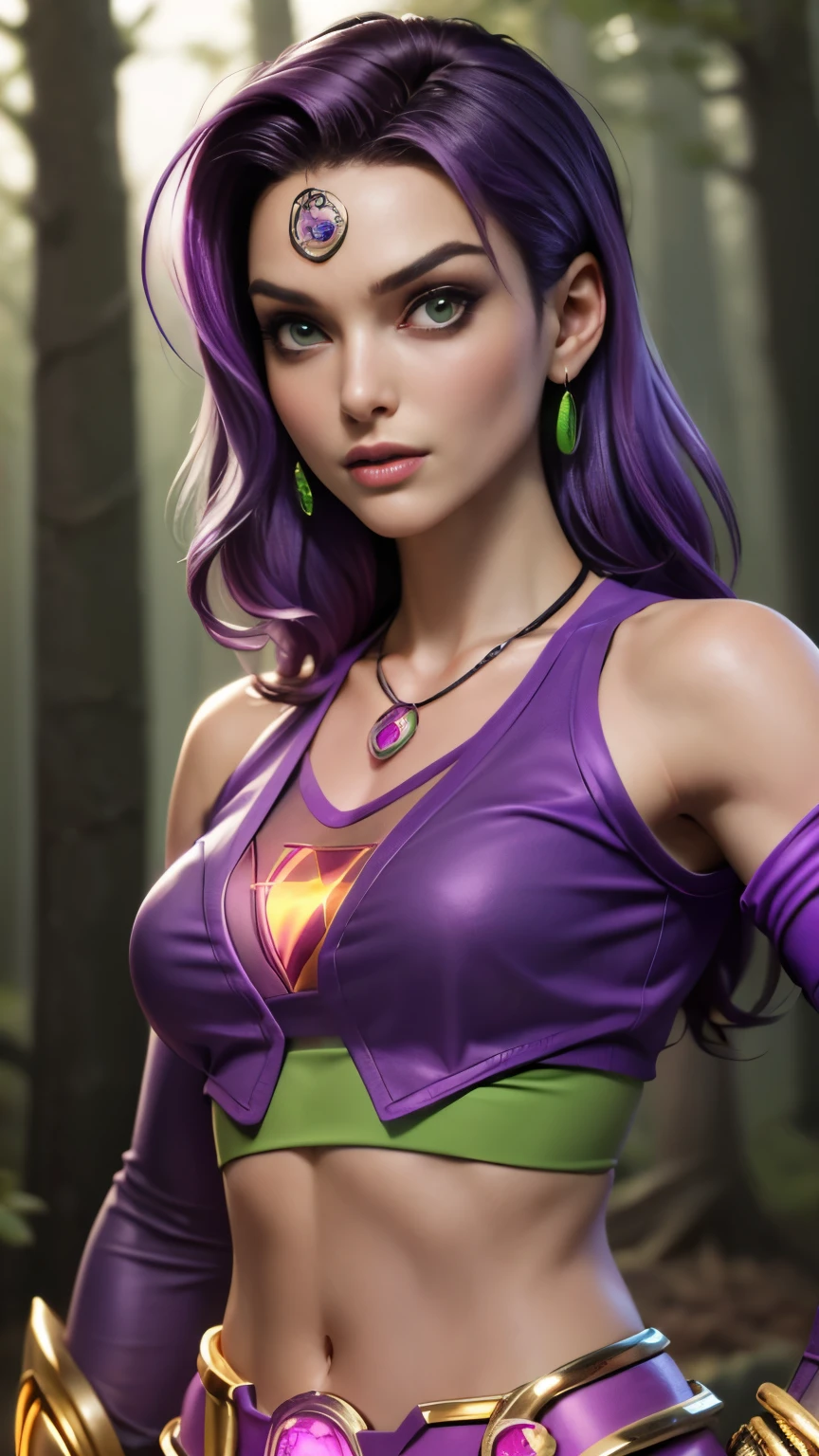 photo of celebrity, RAW, beautiful woman, ((portrait)), ((detailed face, colorful rainbow hair:1.2)), ((detailed facial feature, detailed skin, clear skin, parted lips), (perfect proportioned body, medium breasts), ((wearing a Starfire cosplay, purple crop top, jewelry green, bare shoulders: 1.5)), (high detailed dark forest: 1.3), (realistic photo, best quality, detailed), (8k wallpaper), (cinematic lighting, dramatic lighting) (sharp focus, intricate)