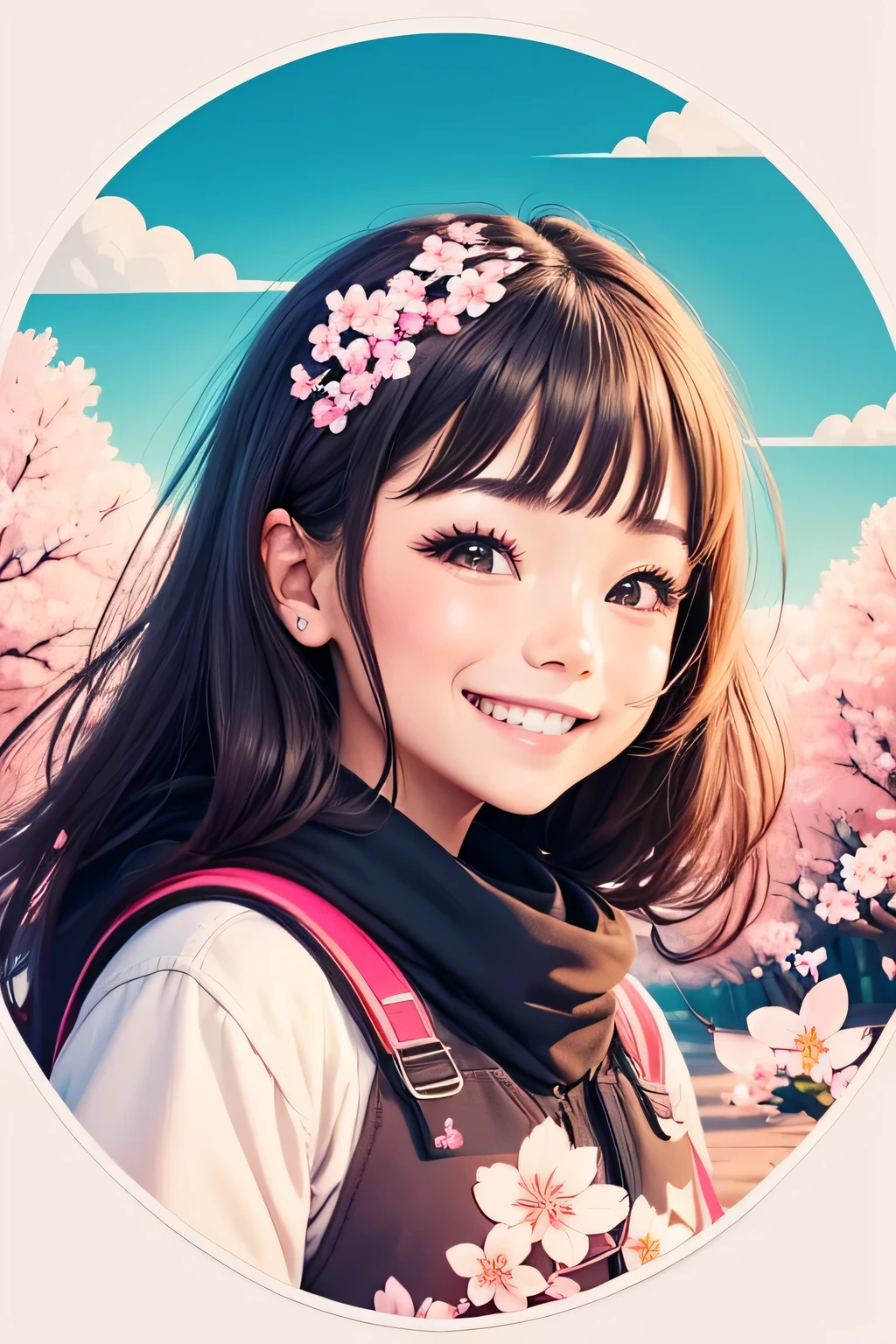 ((sticker)), 1 girl, cherry blossom viewing girl, a bit, (celebration:1.2), please raise your hand, (smile:1.5), (masterpiece:1.2), (highest quality), (Super detailed), (8k, 4k, Complex),(very detailed:1.2),