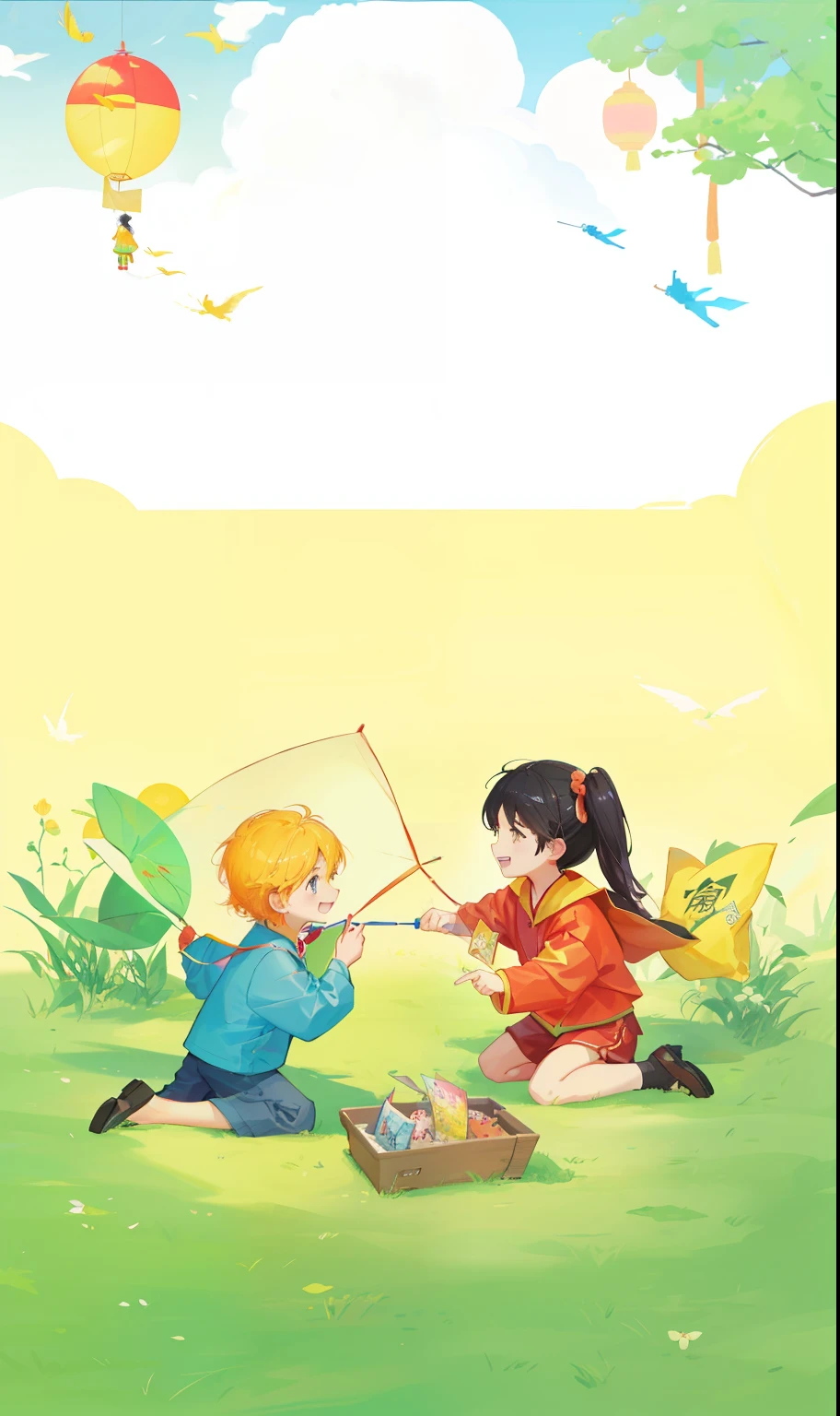 Picture of a Chinese children&#39;s book，There is a cartoon of two children playing with kites, children&#39;s book cover, poster, by Li Fangying, by Xia Chang, by Qu Leilei, a poster, promotional poster, by Ye Xin, poster ; summer